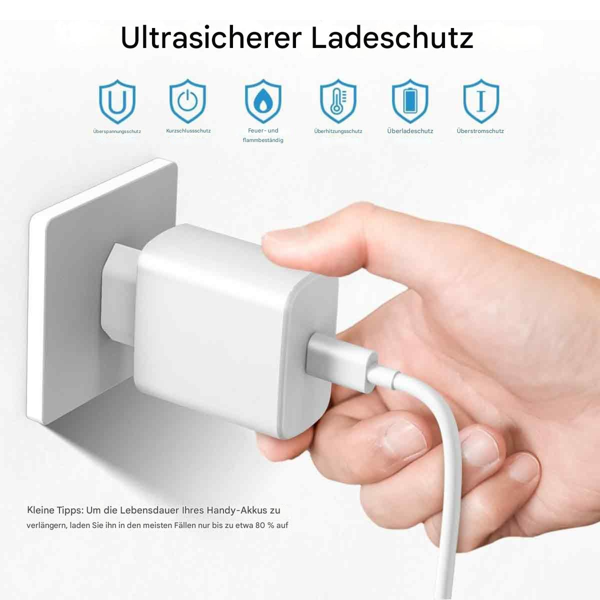 Das Bild zeigt ein weißes Ladegerät, das mit Sicherheitssymbolen in eine Steckdose gesteckt wird.