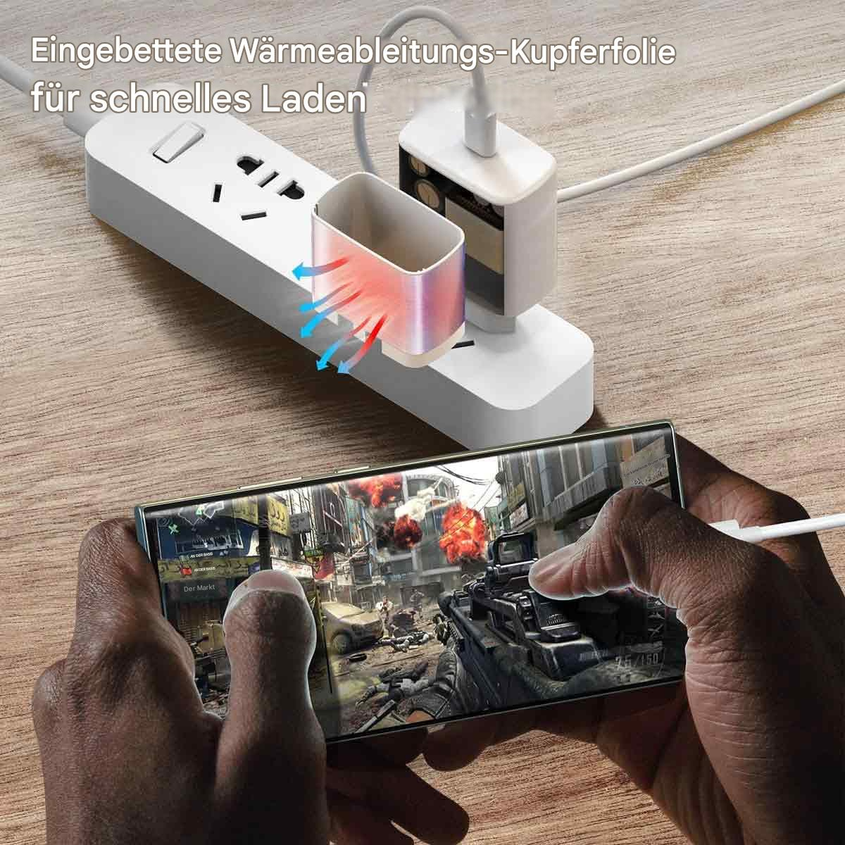 Hände halten ein Telefon, das an ein Ladegerät angeschlossen ist. Kupferfolien-Illustration für schnelles Aufladen.