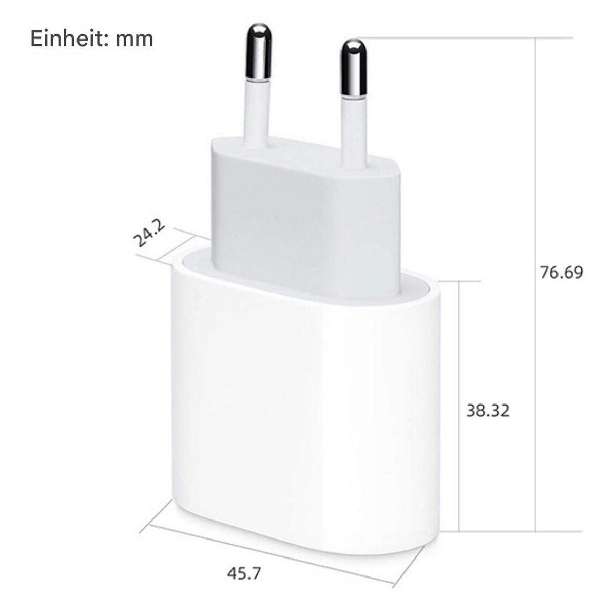 Weißes Ladegerät mit Abmessungen auf weißem Hintergrund.