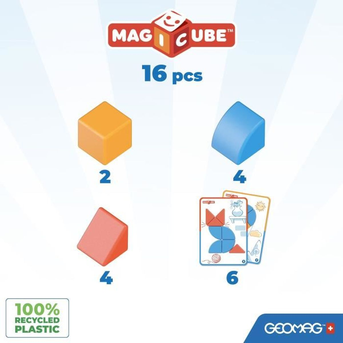 Bild von Mag Cube Magnetbausteinen und Karten. Enthält verschiedenfarbige Blöcke.