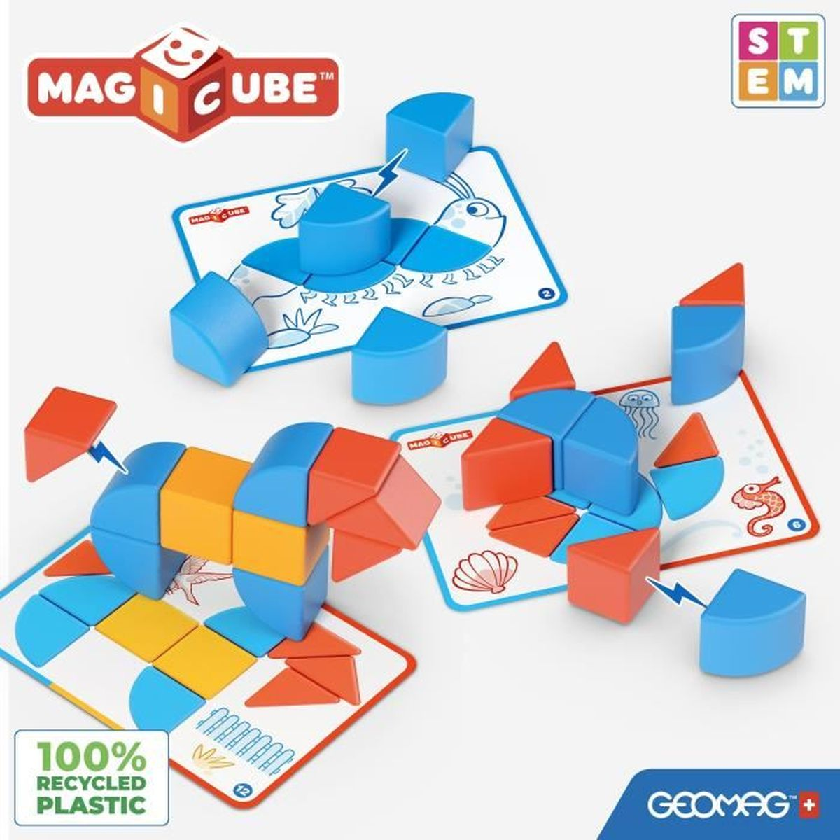 Anordnungen von Mag Cube Blöcken mit Karten, die verschiedene Formen und Designs zeigen.