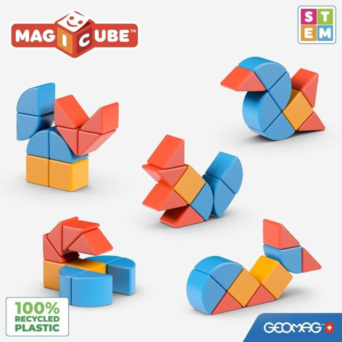 Mehrere Anordnungen farbiger Mag Cube Blöcke mit verschiedenen Formen und Designs.