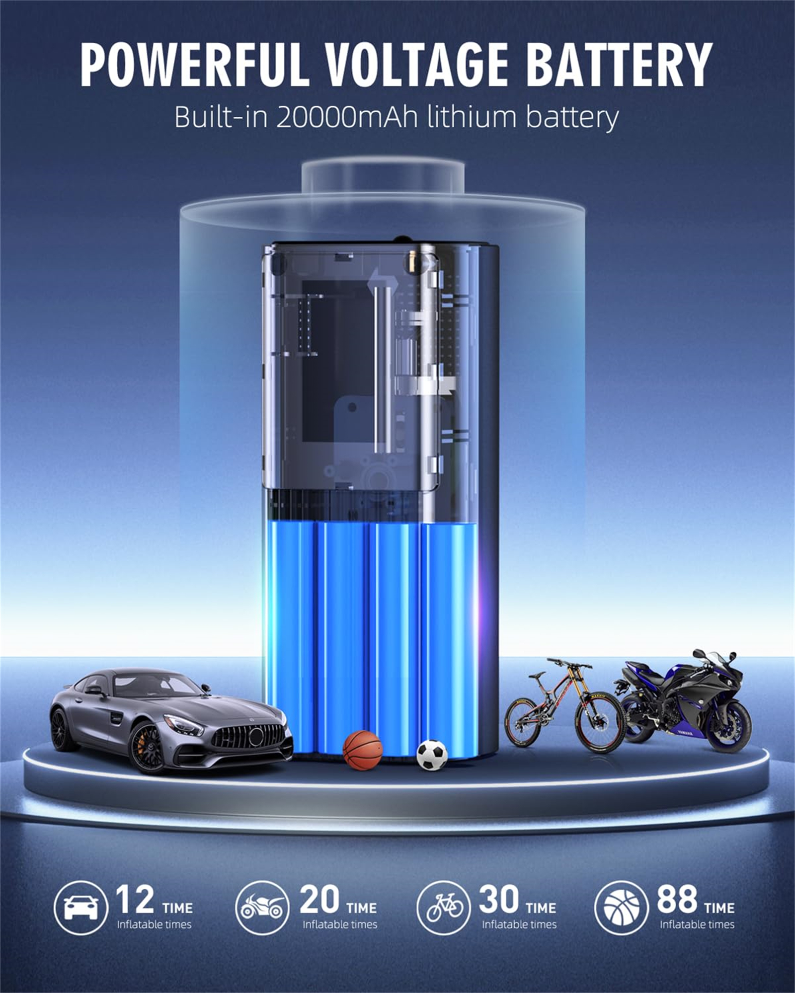 Diagramm einer leistungsstarken Spannungsbatterie. Enthält Beispiele für Dinge, die sie aufblasen kann.