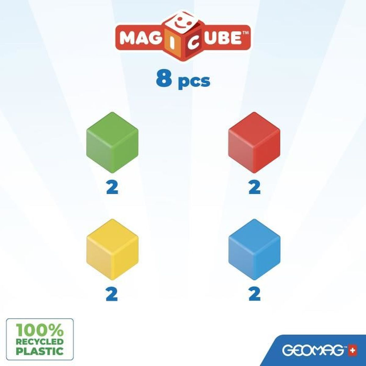 Set di cubi magnetici colorati. Vengono visualizzati cubi verdi, rossi, gialli e blu. Il testo dice '8 pezzi'.