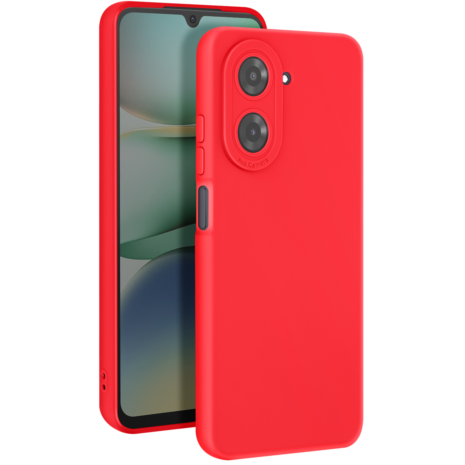 Custodia rossa per telefono, che mostra il retro di un telefono con fotocamera pro. Colore rosso, due lenti.