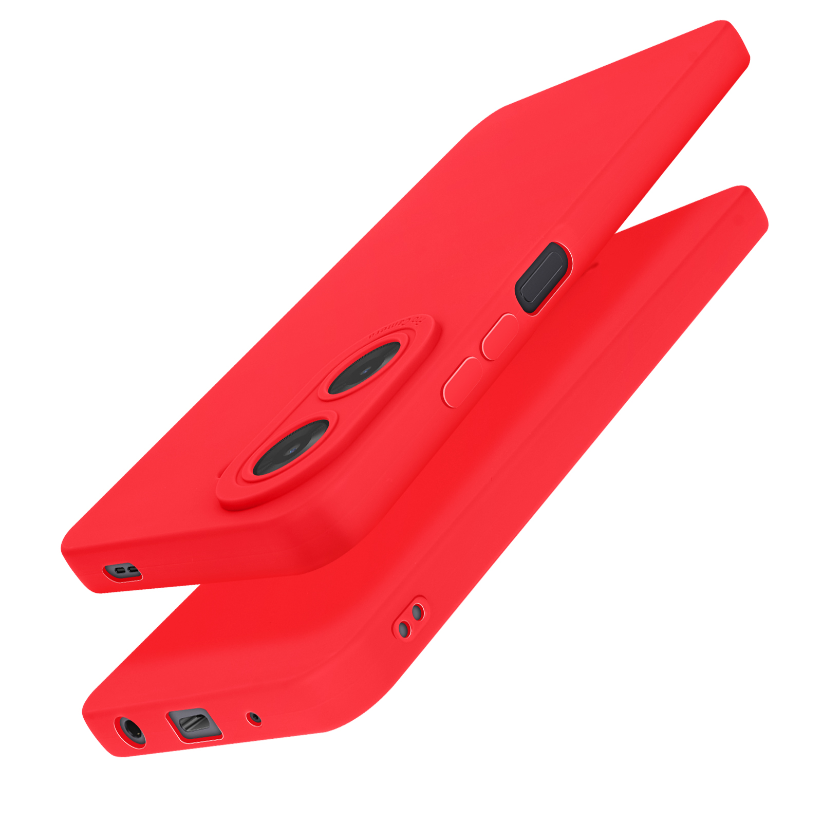 Due custodie rosse per telefono, una sopra l'altra, che mostrano ritagli per fotocamera e pulsanti.