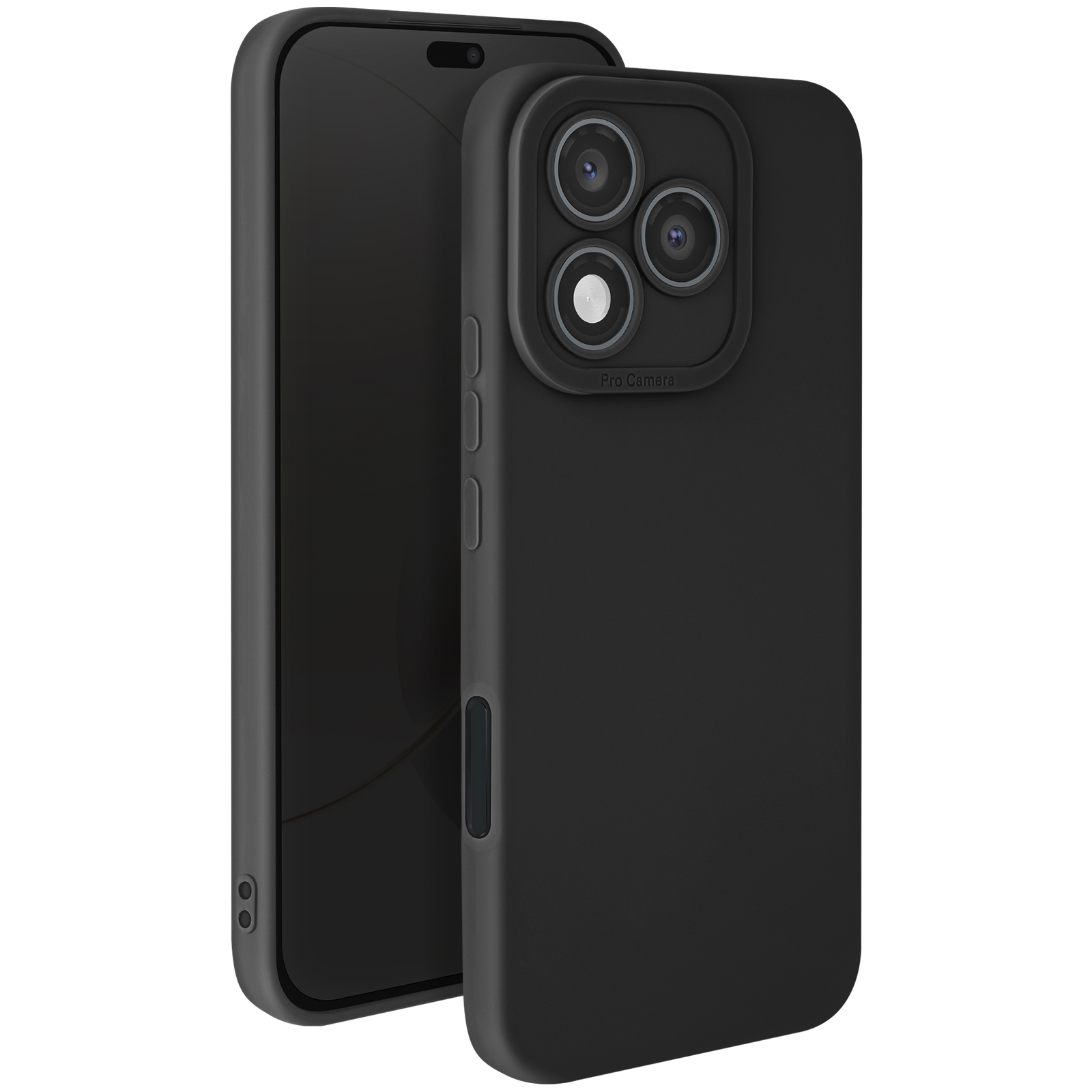 Telefono nero con tripla fotocamera e custodia. La custodia è sul telefono.