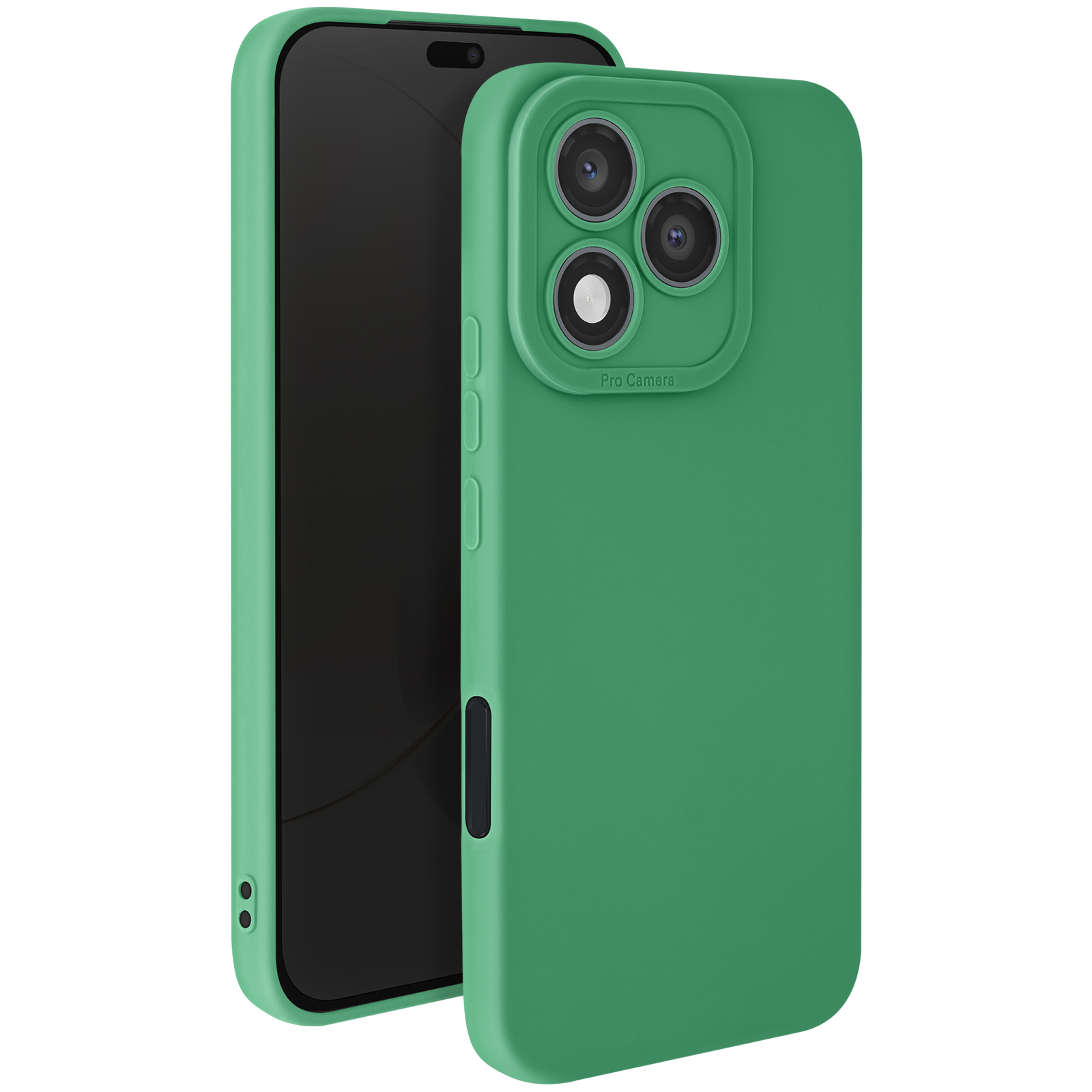 Custodia verde per telefono con telefono all'interno, che mostra la fotocamera e i pulsanti.