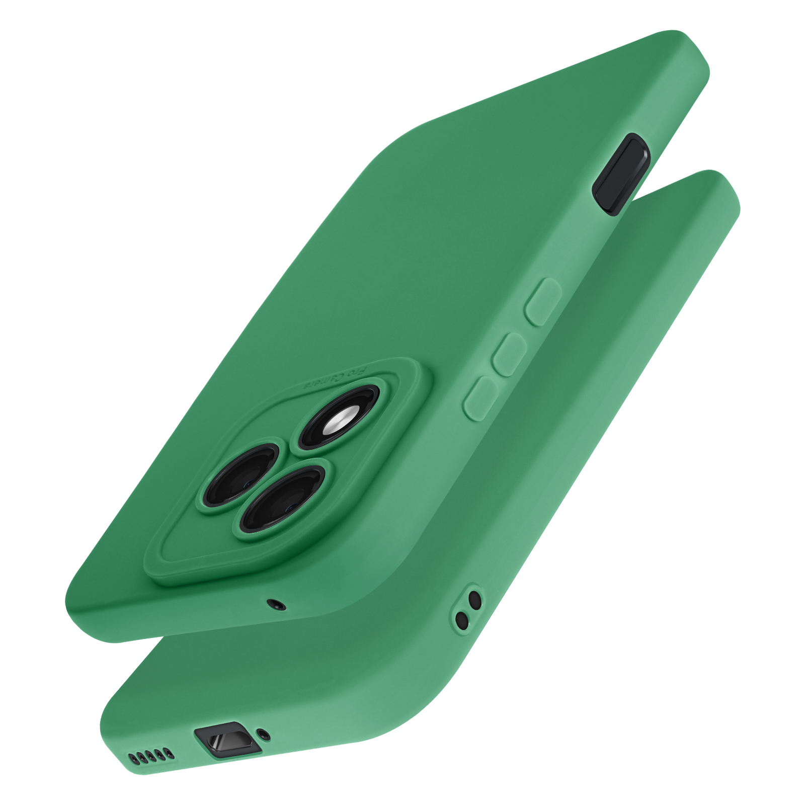 Custodia verde per telefono. Due pezzi sono separati, mostrando una copertura dell'obiettivo.