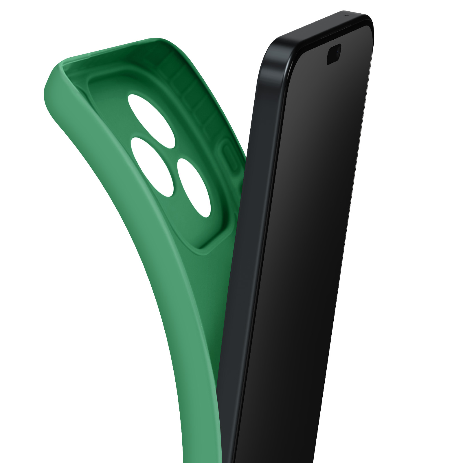 Custodia verde per telefono con telefono parzialmente inserito che mostra gli obiettivi della fotocamera.