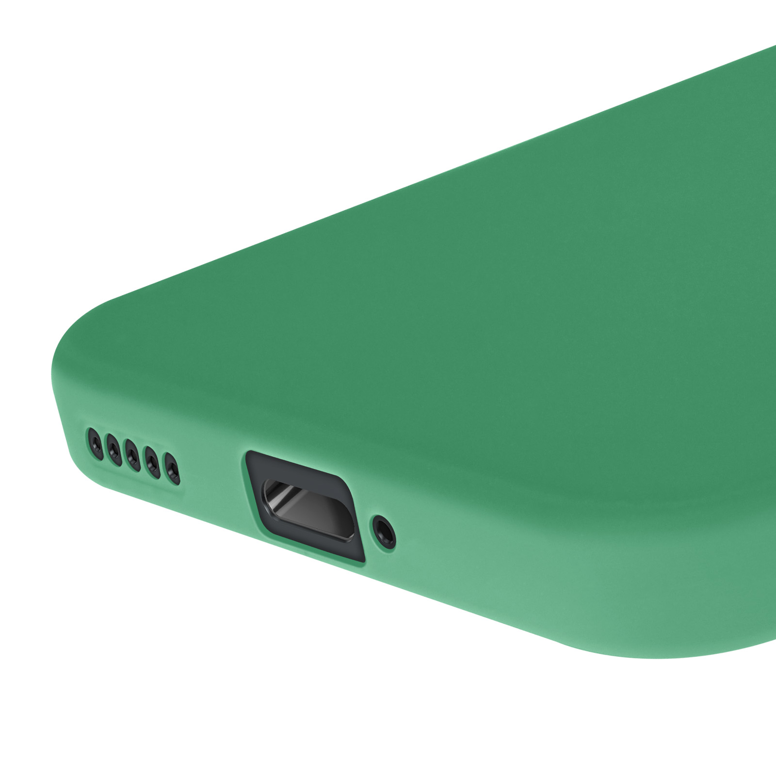 Primo piano di una custodia verde per telefono che mostra il bordo inferiore con fori per altoparlanti e porta di ricarica.