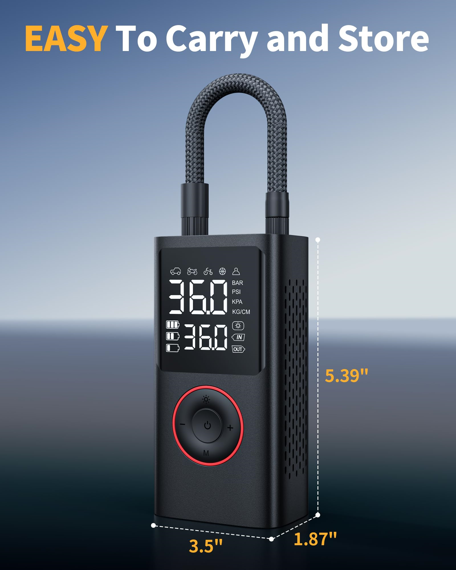 Schwarze Luftpumpe mit Digitalanzeige, die Druckwerte anzeigt. Rote Knöpfe und ein Schlauch. Text 'Easy to Carry and Store'.
