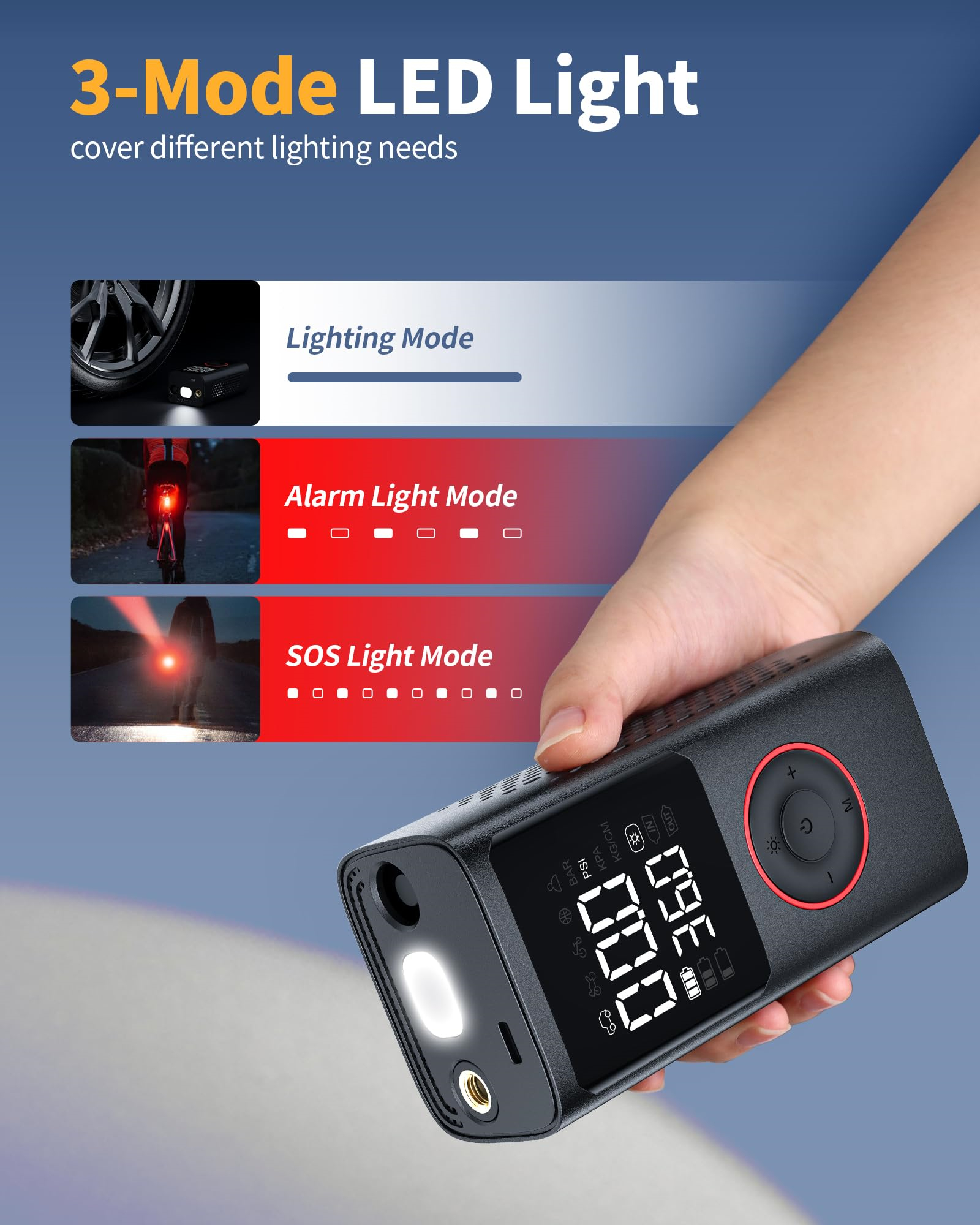 Eine Hand, die ein schwarzes Gerät mit einem Bildschirm hält, der den Druck anzeigt, mit 3-Modus-LED-Lichtoptionen.