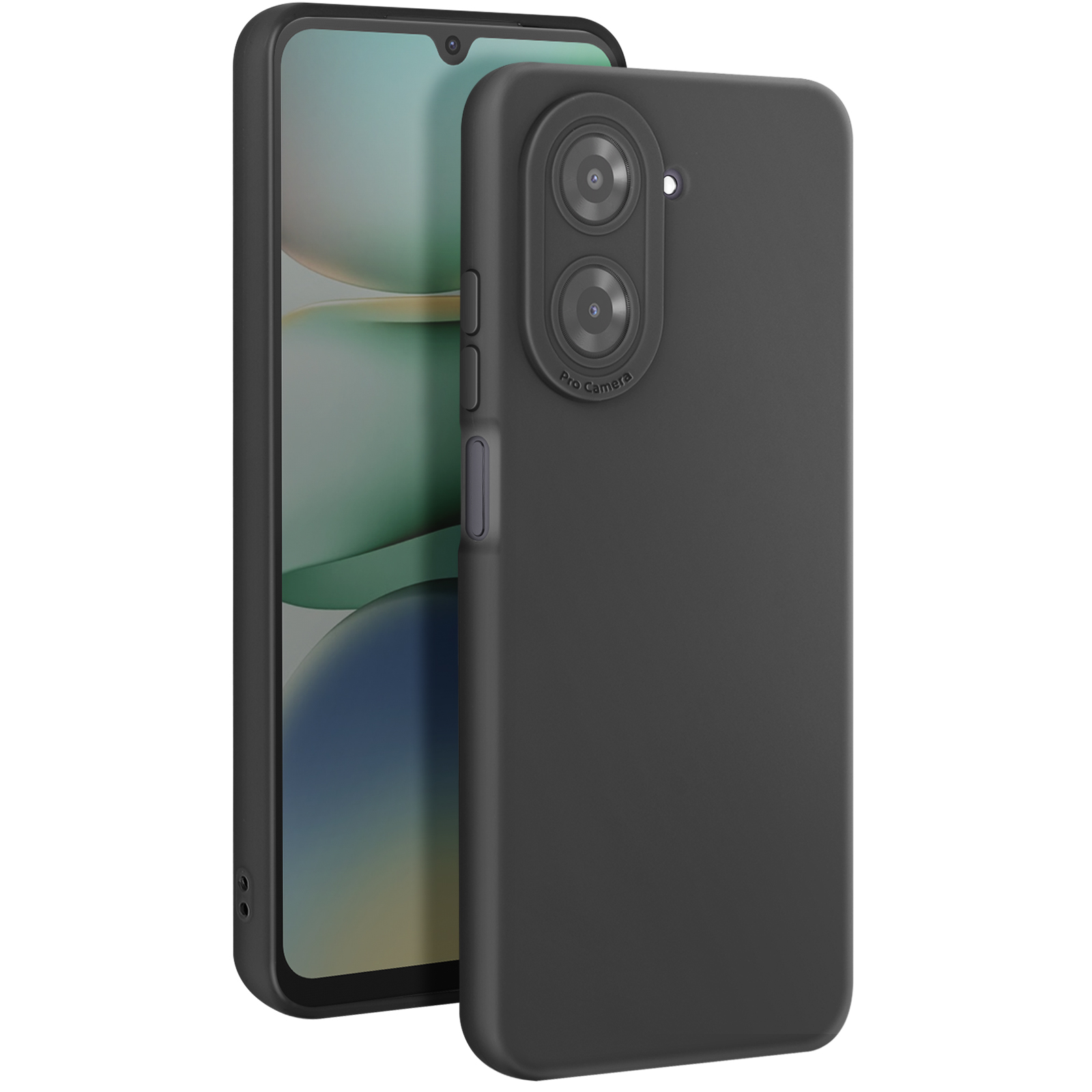 Una custodia nera per telefono viene mostrata con un telefono all'interno, con una fotocamera a doppia lente e uno schermo.