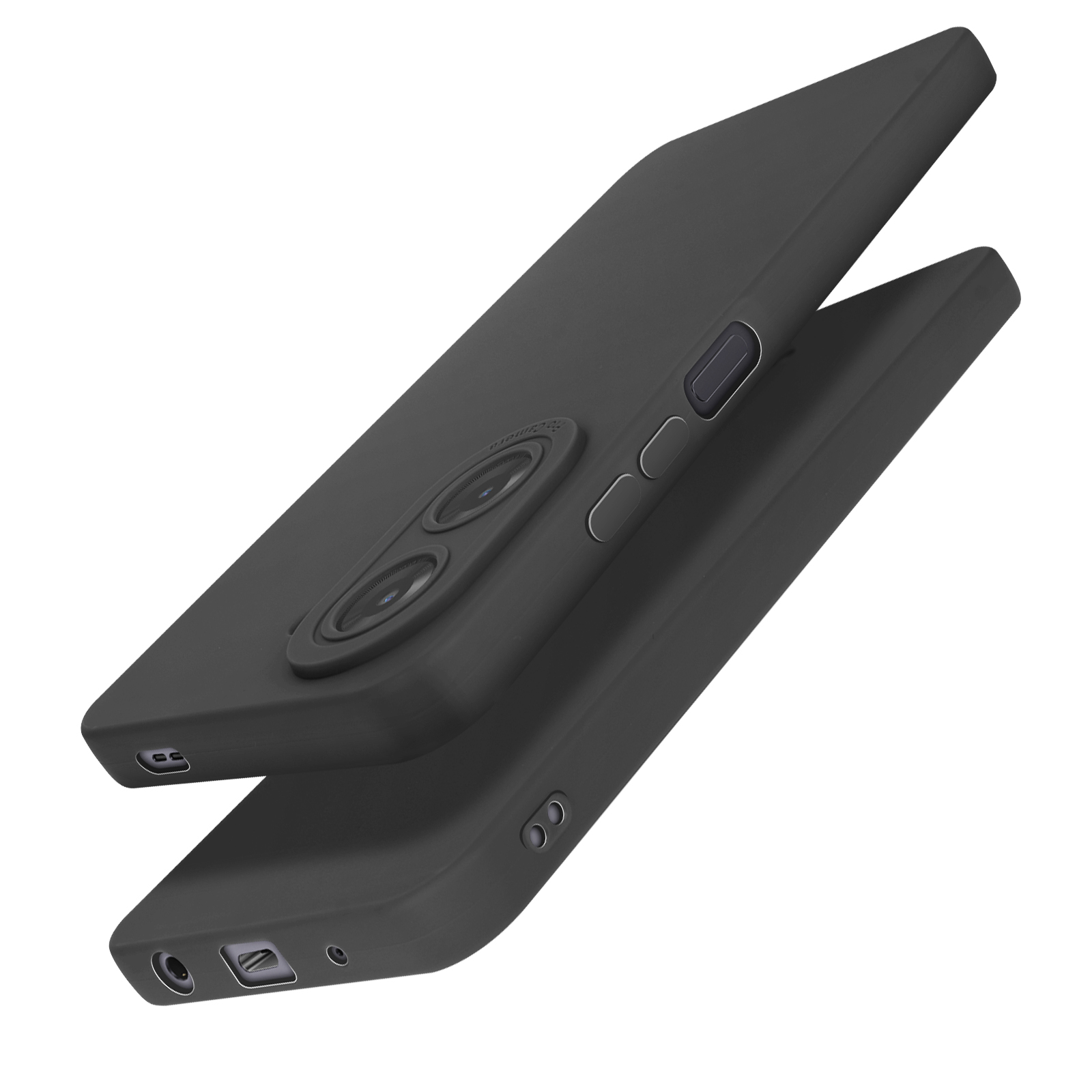 Due custodie nere per telefono sono mostrate, una sopra l'altra, con un ritaglio per una fotocamera a doppia lente.