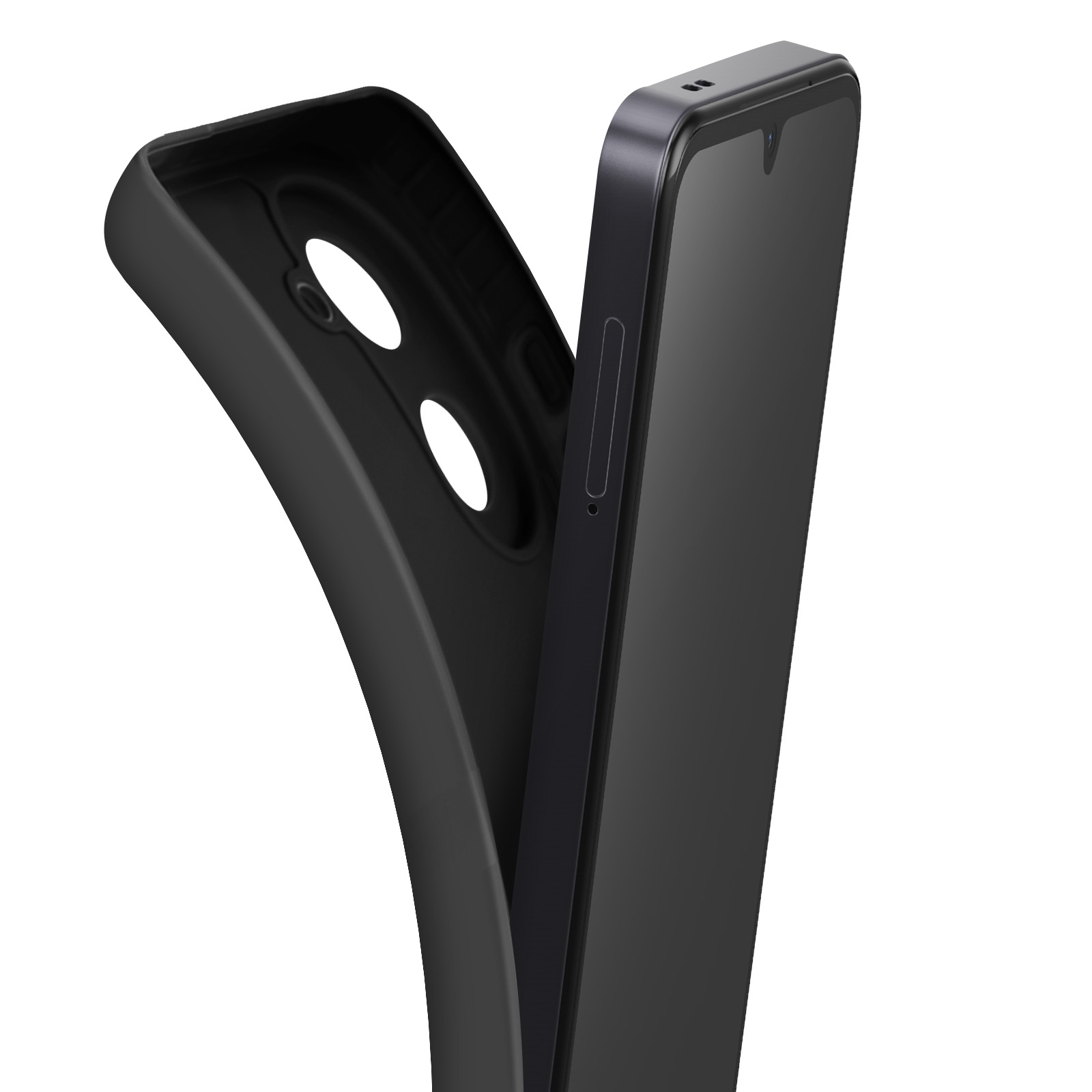 Custodia nera per telefono. Due fori. Schermo del telefono visibile.
