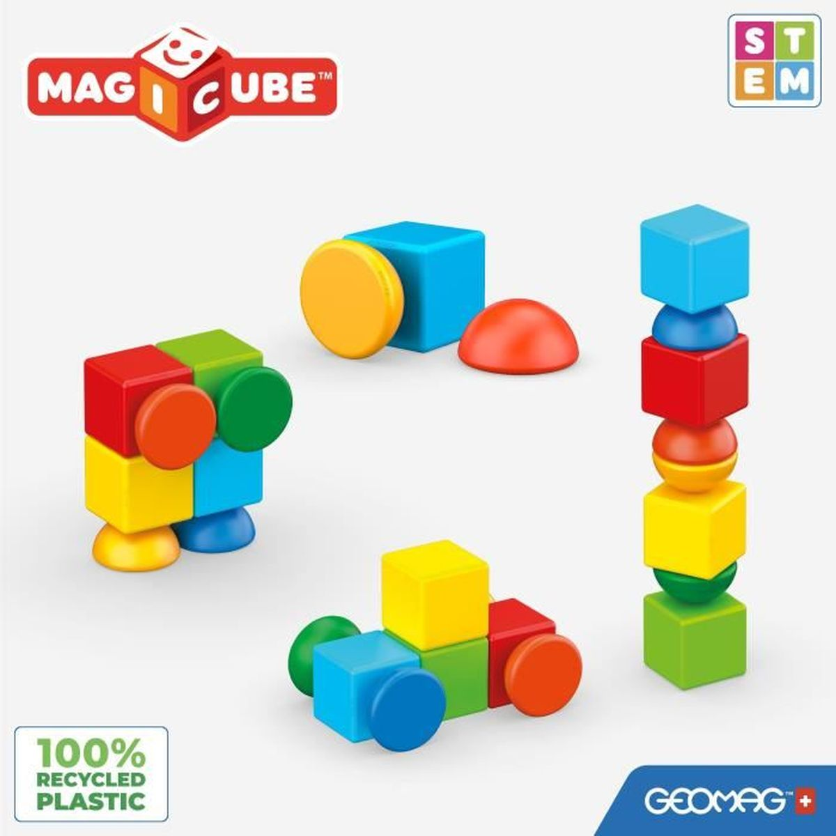 Los juguetes Magcube se ensamblan en formas, incluido un coche y una torre, sobre un fondo blanco con logotipos.