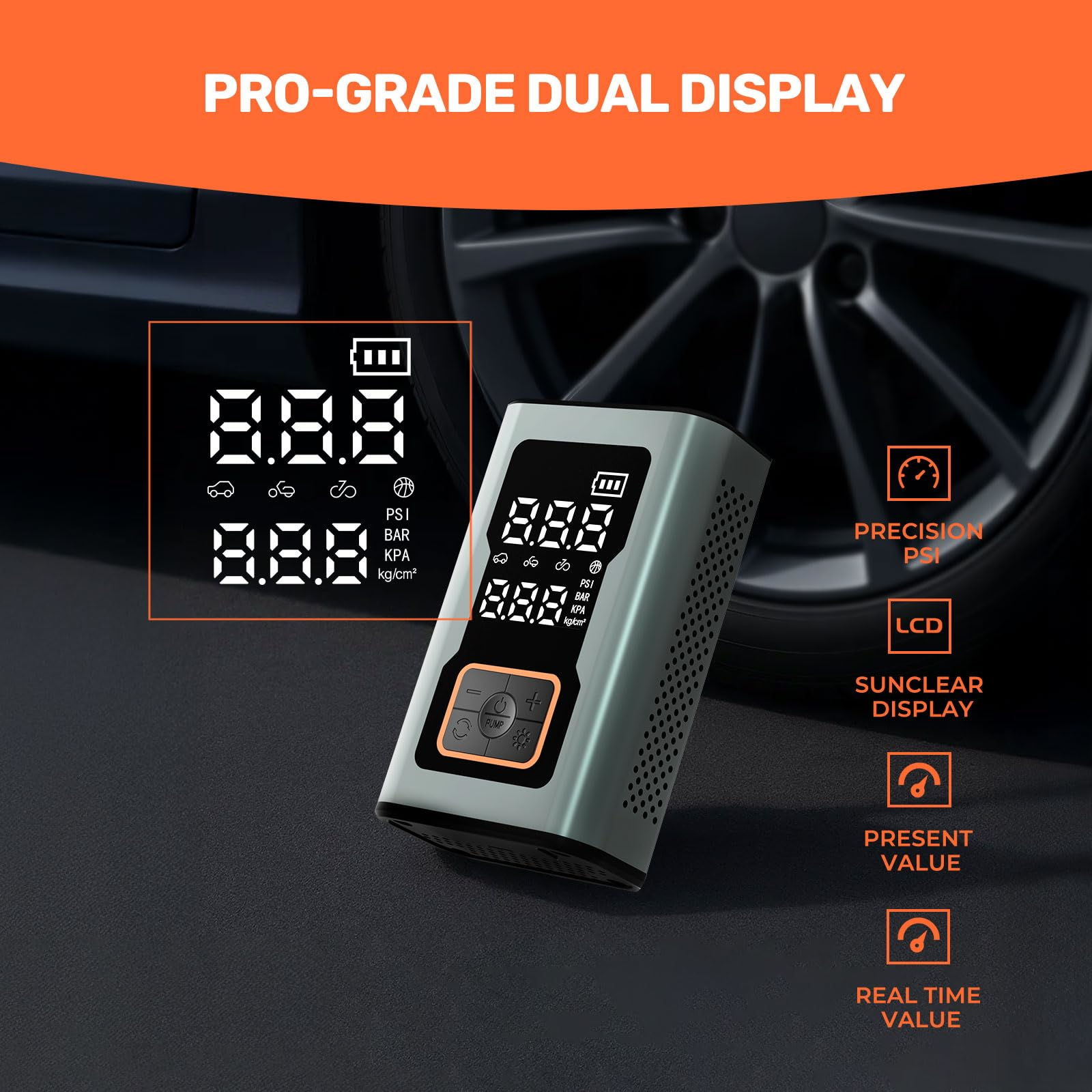 Eine Luftpumpe mit Digitalanzeige zeigt PSI-, BAR- und KPA-Optionen mit dem Text 'PRO-GRADE DUAL DISPLAY'.