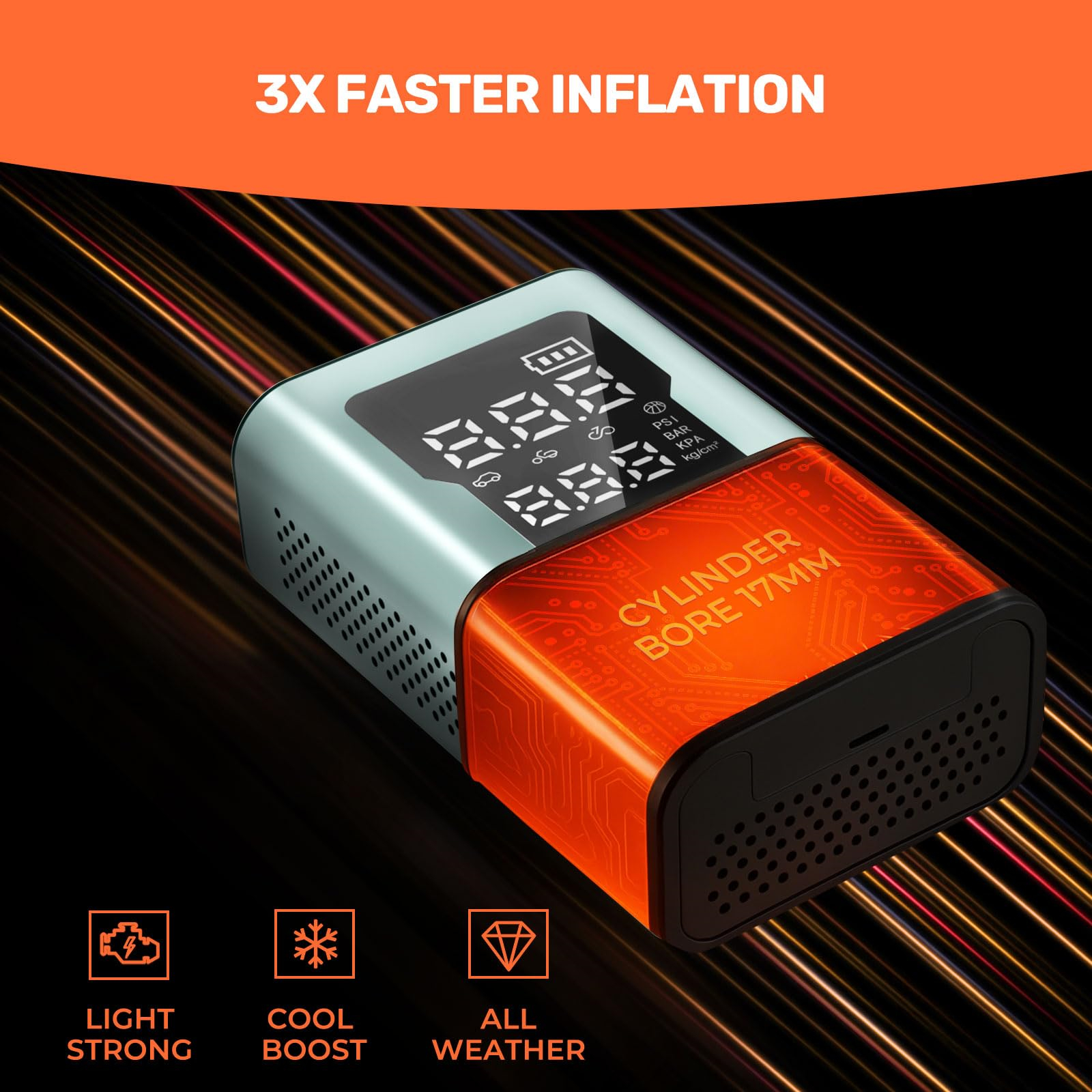 Eine Luftpumpe mit Symbolen für Licht, Kühl-Boost und Allwetter, mit dem Text '3X FASTER INFLATION'.