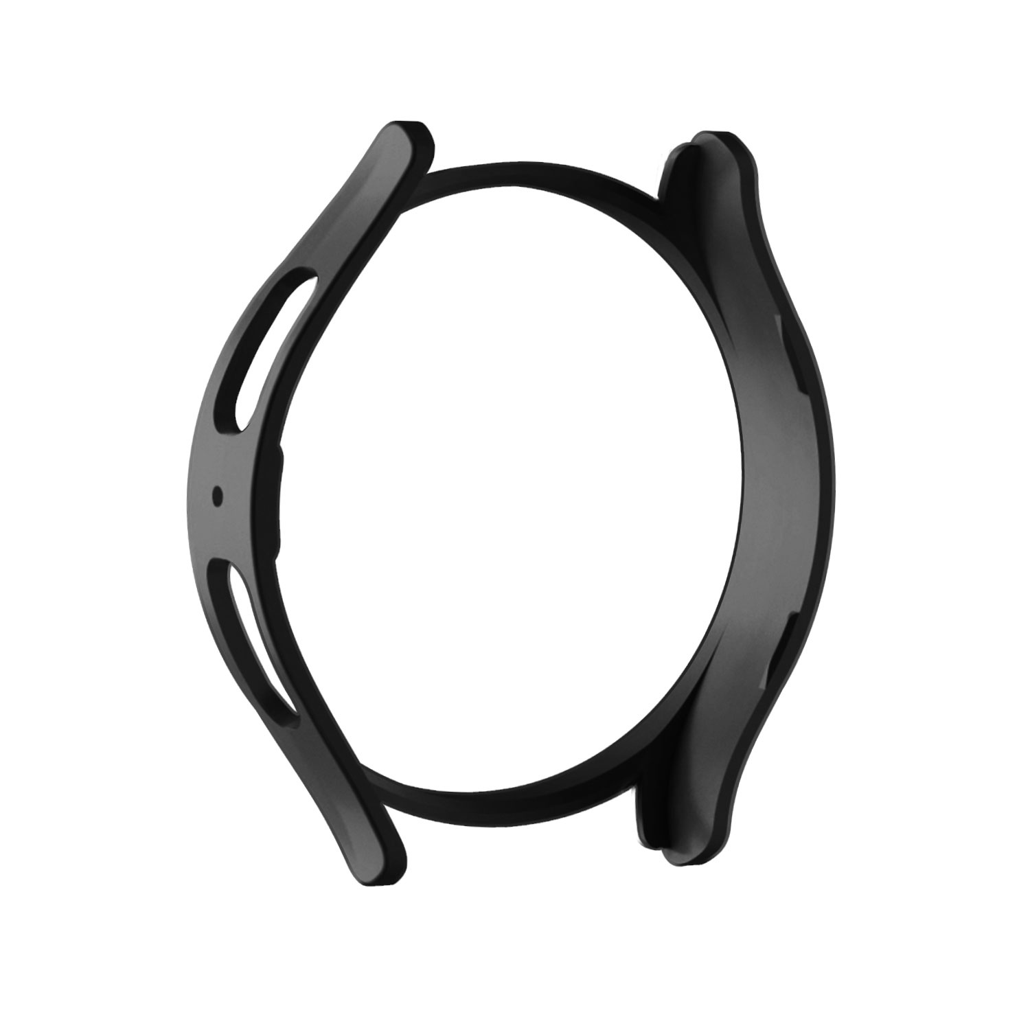 Ein schwarzes Uhrengehäuse, kreisförmig, mit Ausschnitten für Knöpfe.