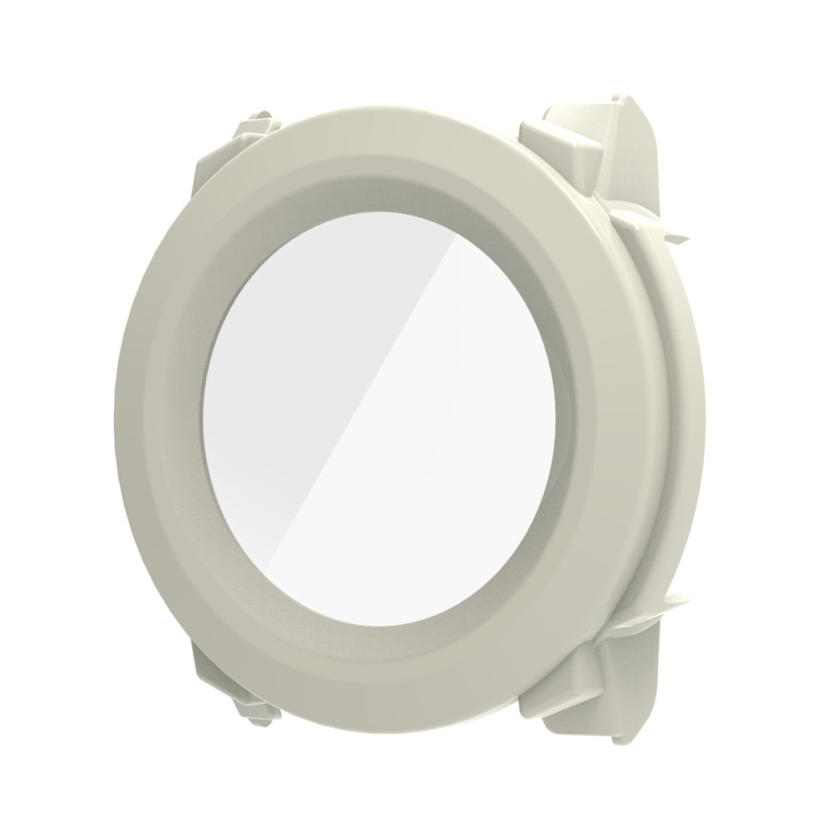 Componente orologio bianco, forse una lunetta. Centro trasparente e punti di montaggio.