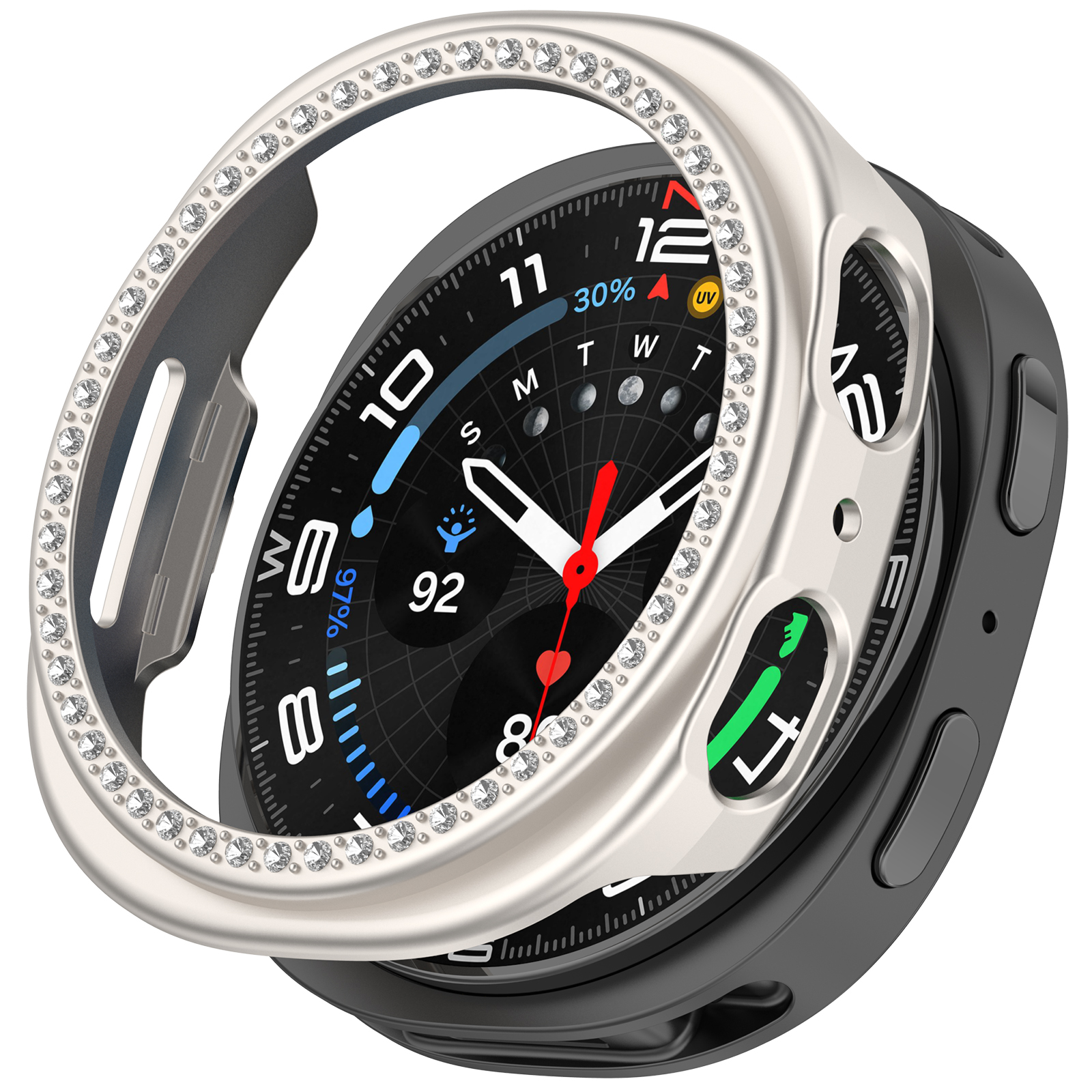 Una lunetta argentata con strass circonda un quadrante di smartwatch nero che mostra dati.