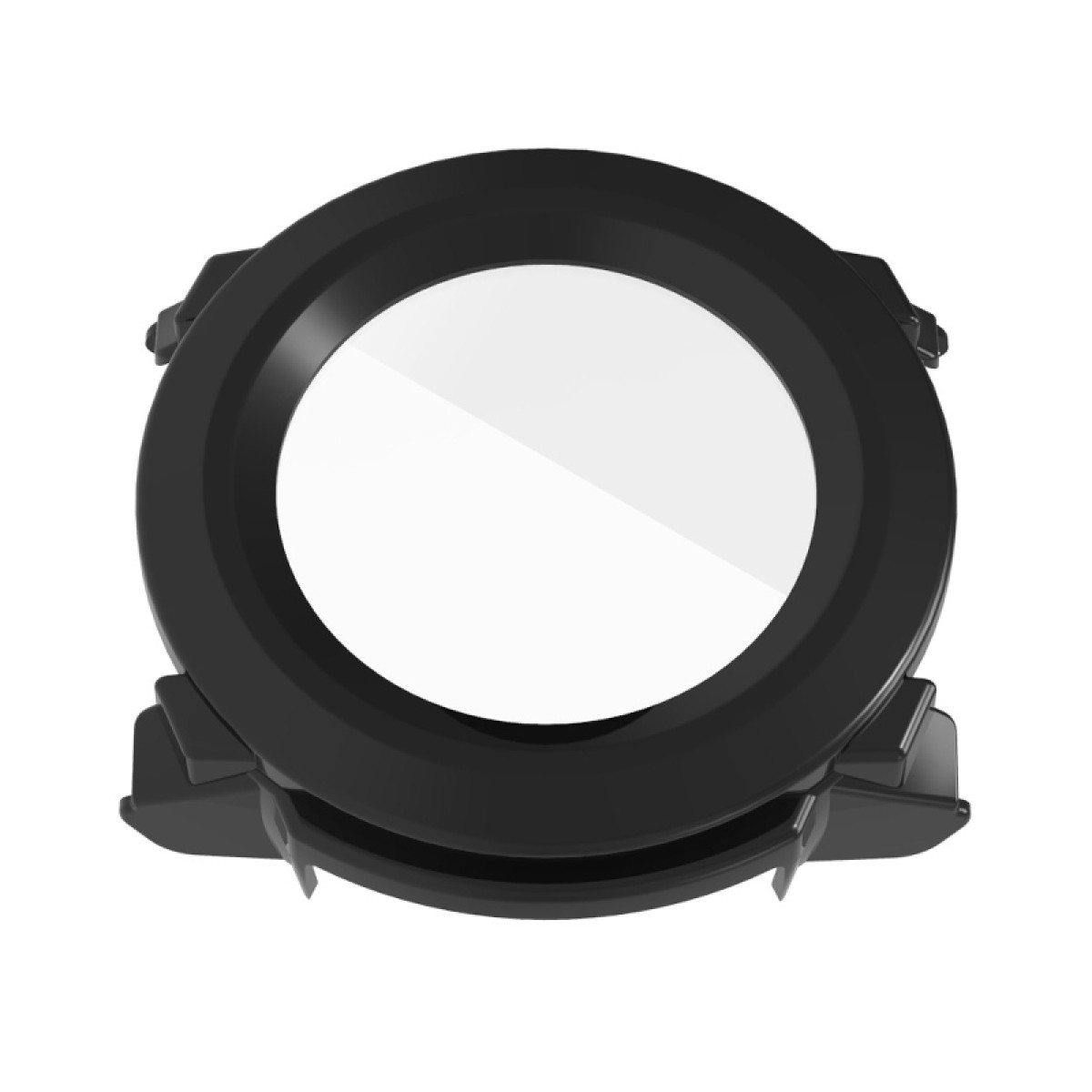 Una lunetta nera progettata per proteggere uno smartwatch, su sfondo bianco.