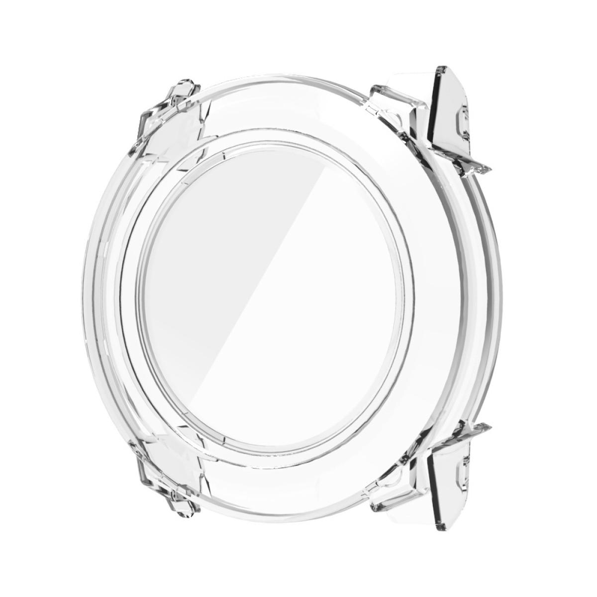 Protezione orologio trasparente. Circolare, con clip. Vista frontale, isolata su sfondo bianco.