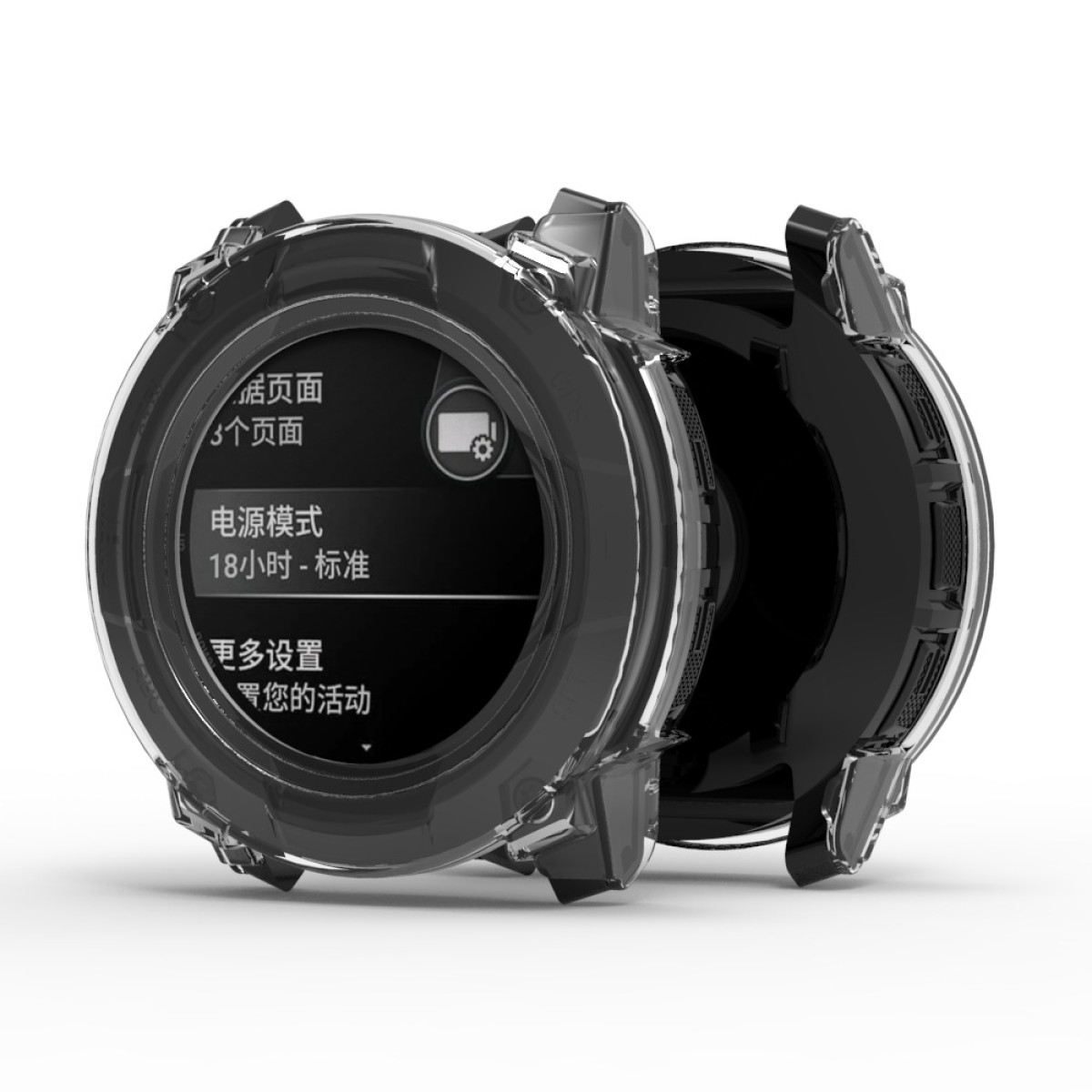 Protezione orologio nera. Nera, circolare, con clip. Vista frontale, isolata su sfondo bianco.