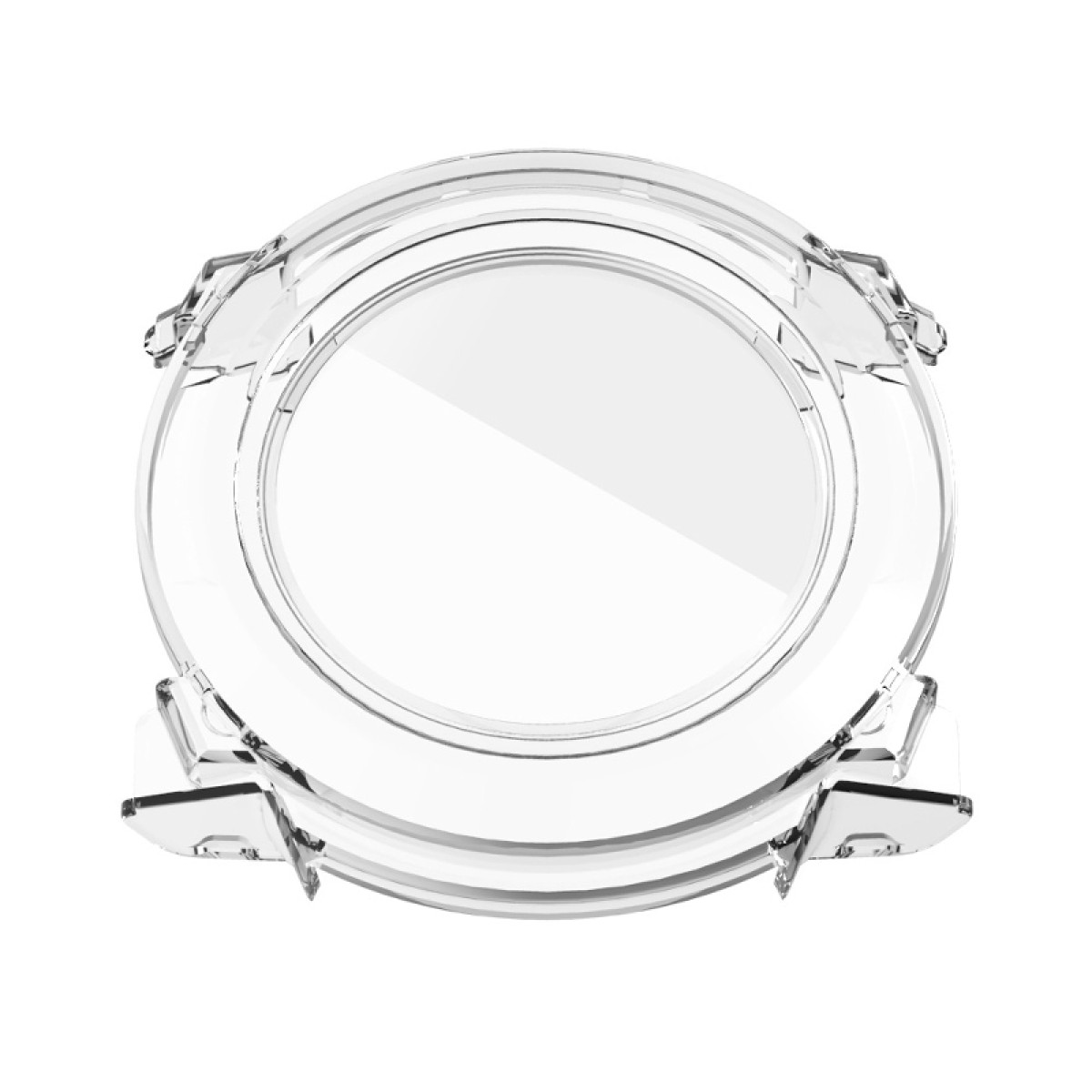 Protezione orologio trasparente. Forma angolare, con clip. Vista frontale, isolata su bianco.