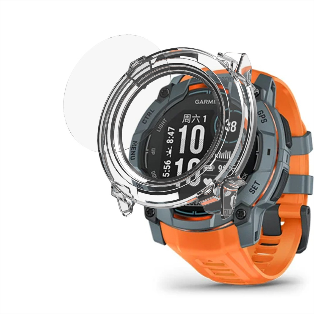 Orologio arancione con protezione trasparente. Protezione staccata, mostra il quadrante.