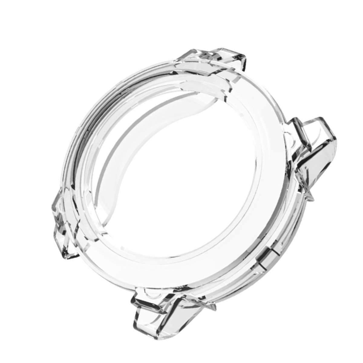 Protezione orologio trasparente. Forma angolare, con clip. Vista angolata, isolata su bianco.