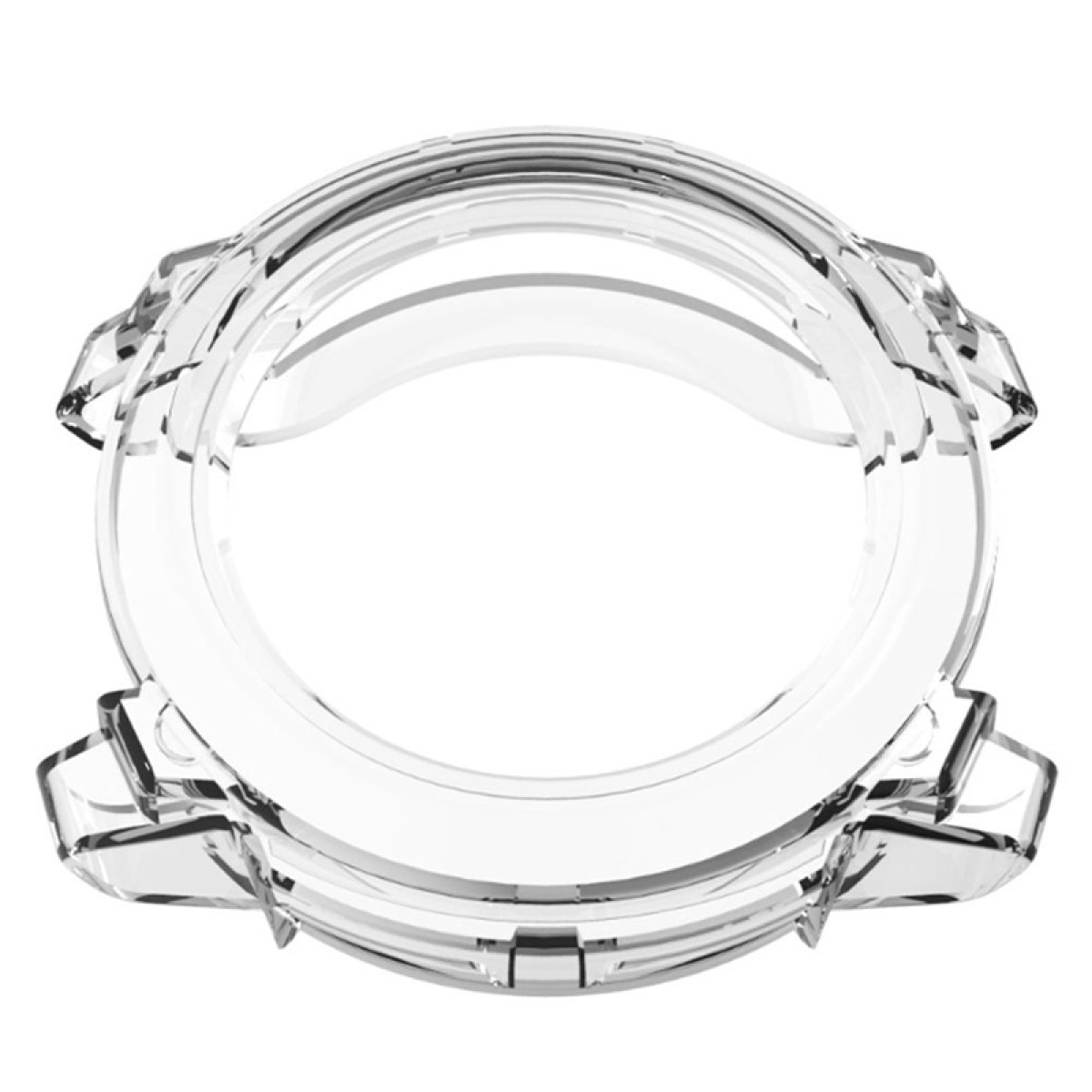 Protezione orologio trasparente. Vista frontale, isolata su bianco. Forma circolare, con clip.