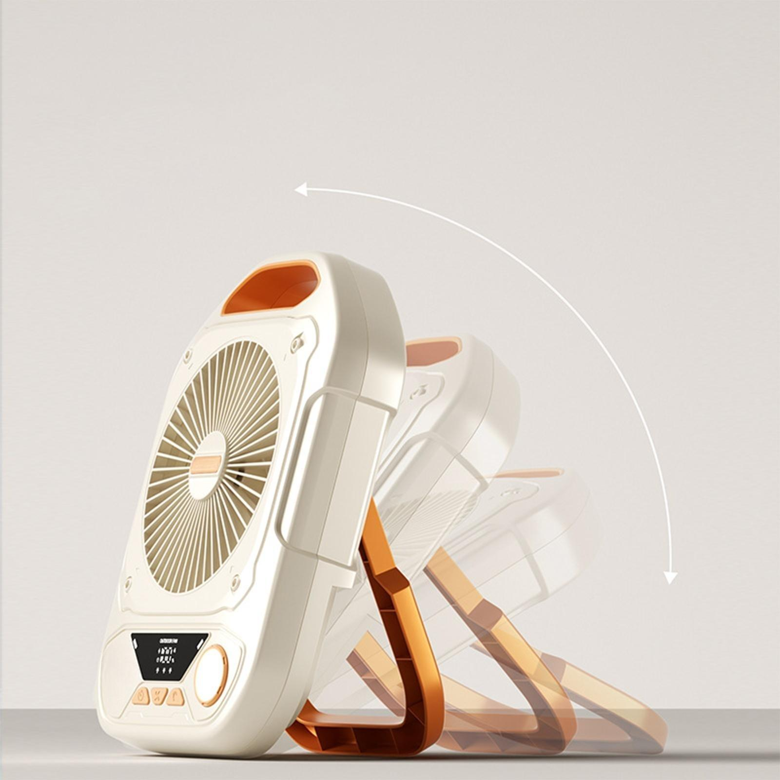 Tragbarer Ventilator in verschiedenen Positionen. Weißes Gehäuse, orangefarbener Griff und Lüfterflügel.