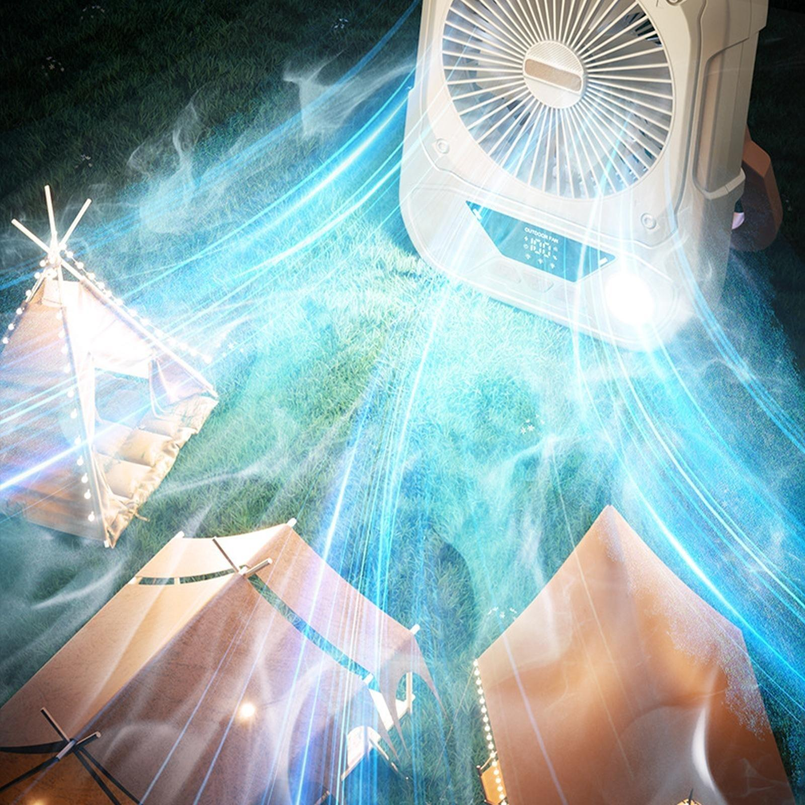 Ein weißer Ventilator mit orangefarbenen Details, Lichtstrahlen und Zelten im Hintergrund. Der Ventilator ist oben.
