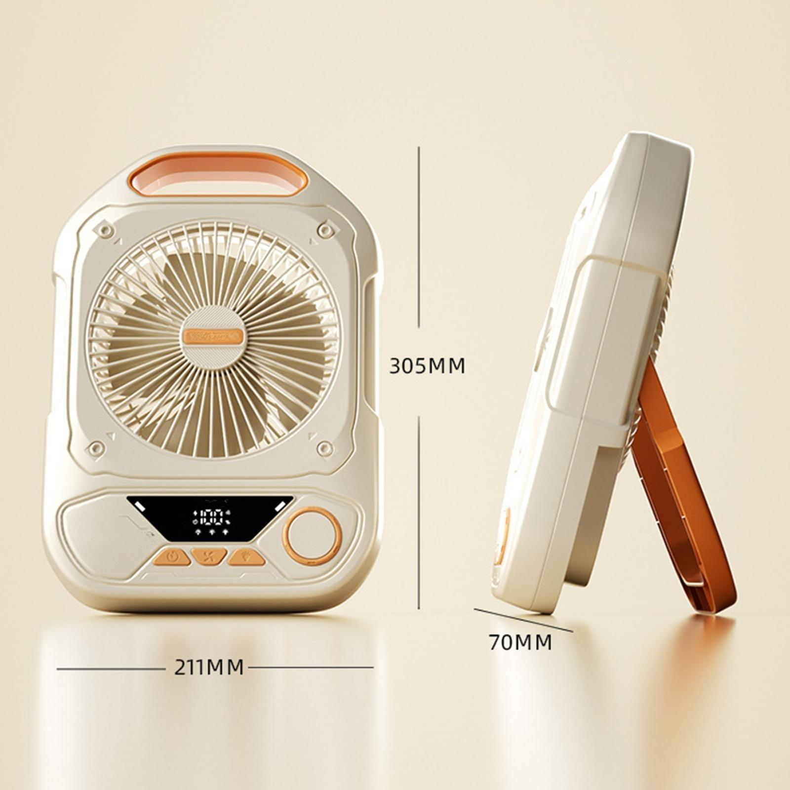 Weißer tragbarer Ventilator mit orangefarbenen Akzenten, der Abmessungen zeigt. Ventilator links, Seitenansicht rechts.
