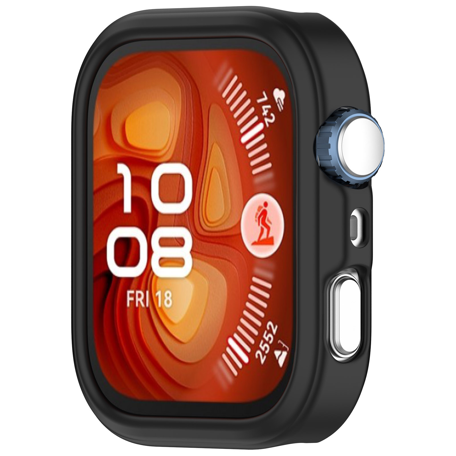 Una custodia per smartwatch nera con lo schermo che mostra le 10:08 e un simbolo di persona che cammina.