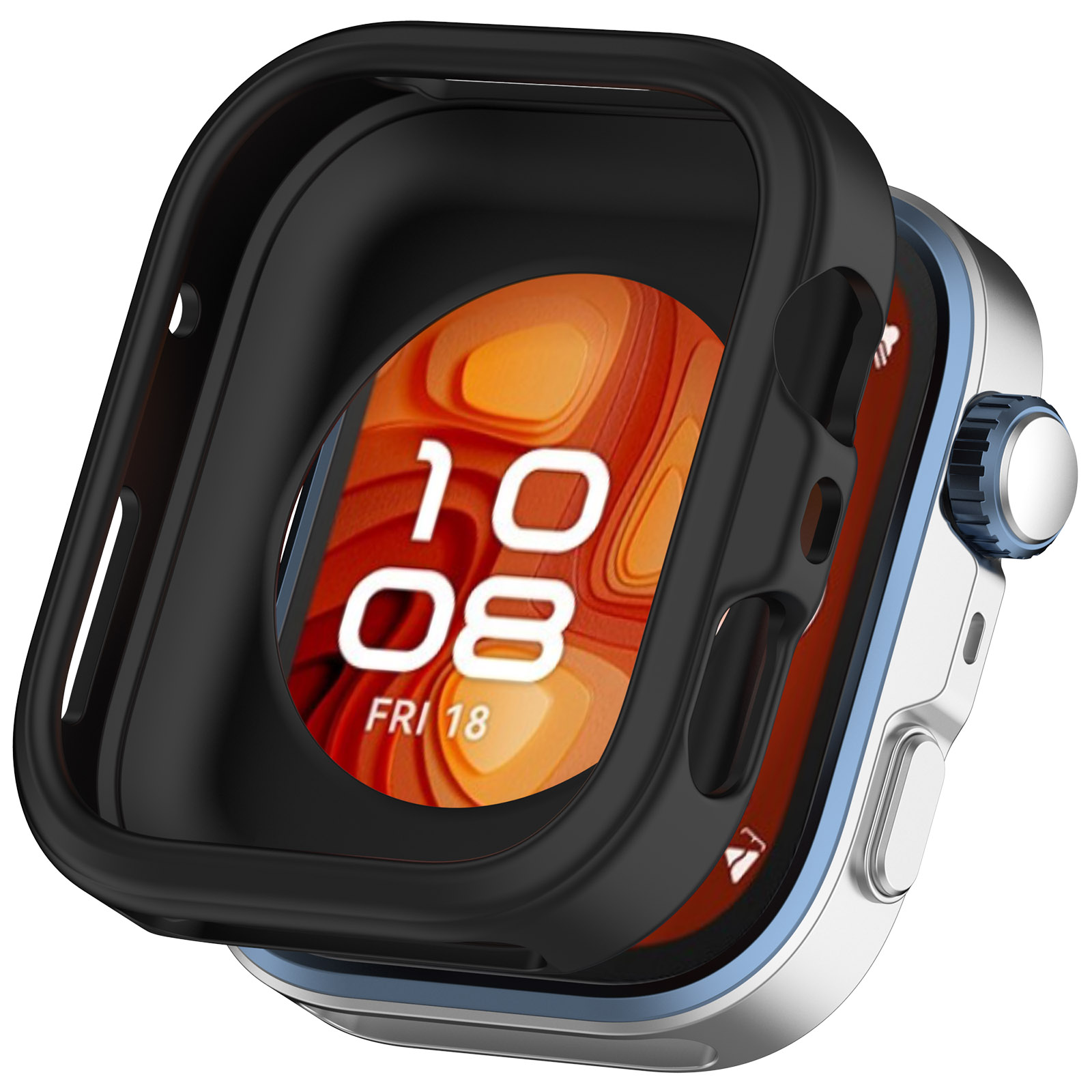 Custodia nera per smartwatch con quadrante visibile, che mostra le 10:08 e un'icona di persona che cammina.