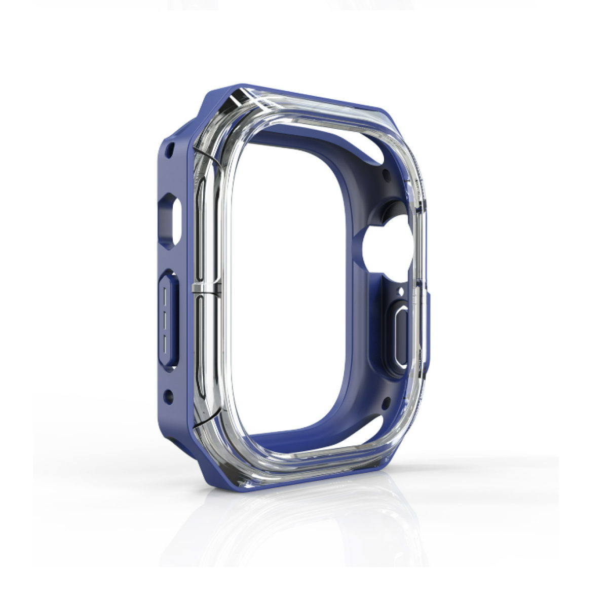 Una cassa blu per orologio su sfondo bianco. La cassa è una protezione per uno smartwatch.