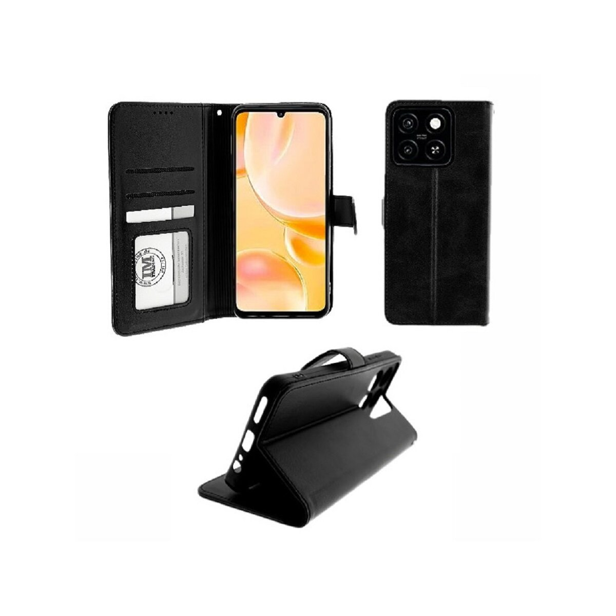 Eine schwarze Handyhülle im Brieftaschendesign, in mehreren Ansichten gezeigt. Auf weißem Hintergrund.