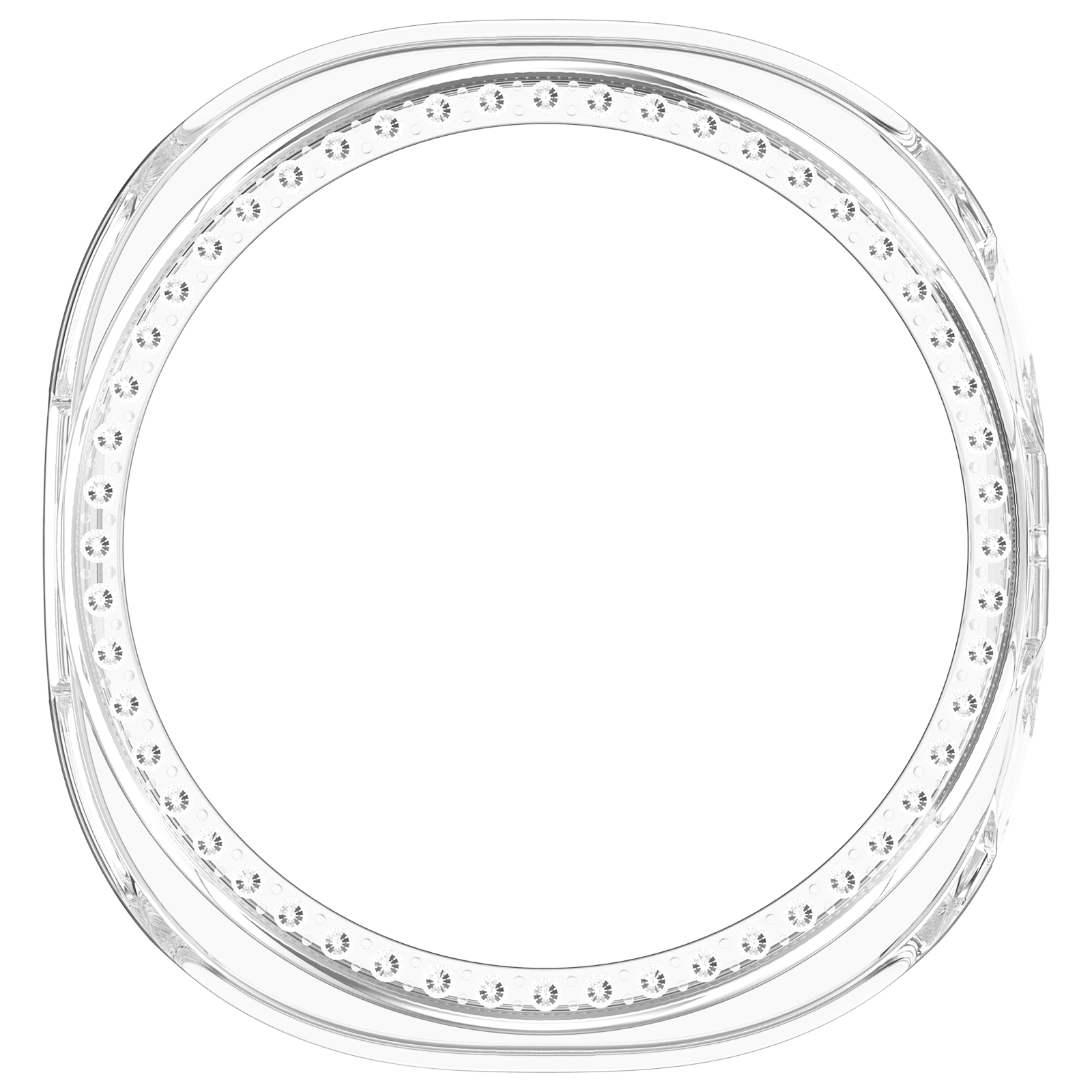 Cassa trasparente dell'orologio, su sfondo bianco. Forma circolare.