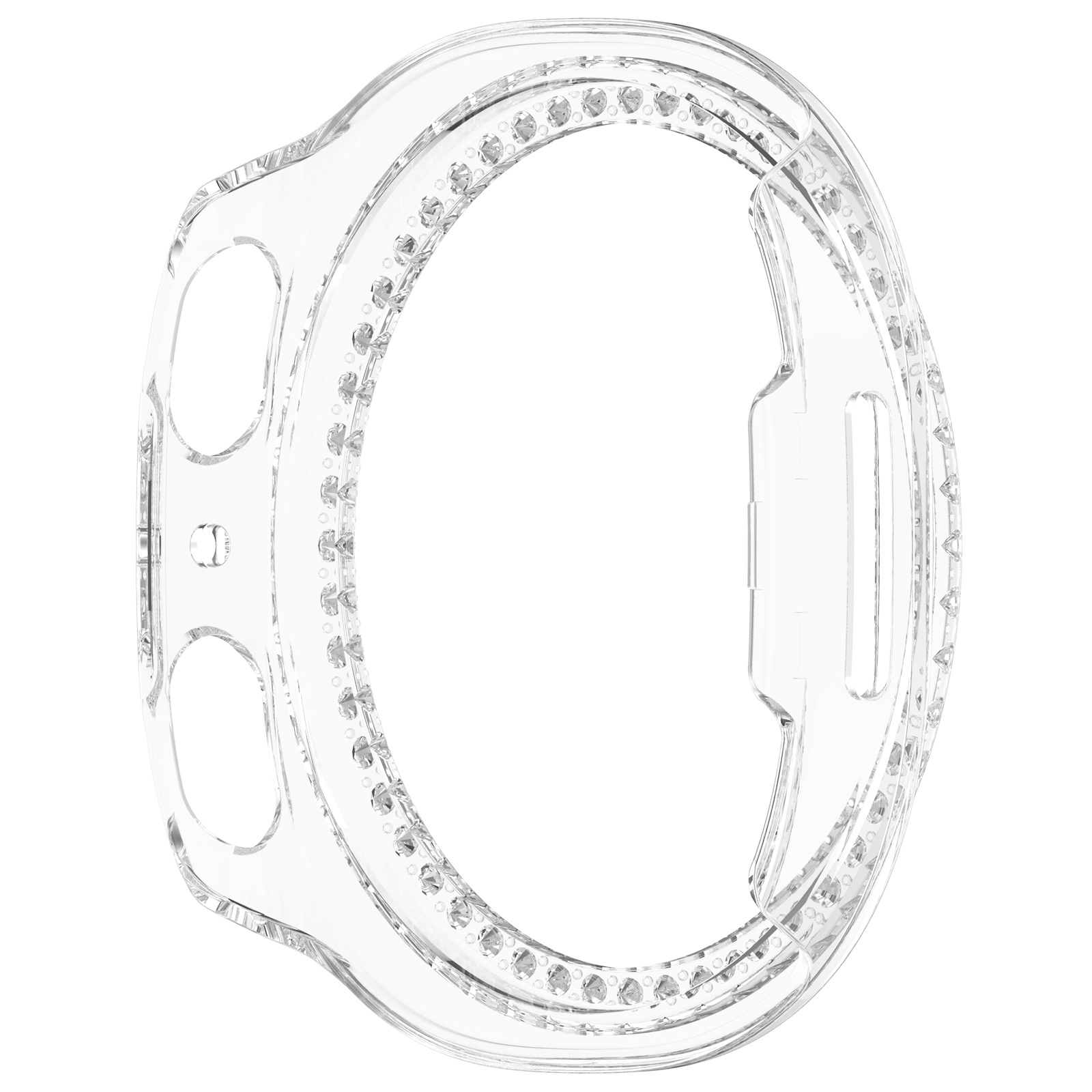 Una cassa per orologio trasparente. È una forma circolare progettata per adattarsi attorno al quadrante e al corpo di un orologio, con piccoli fori.