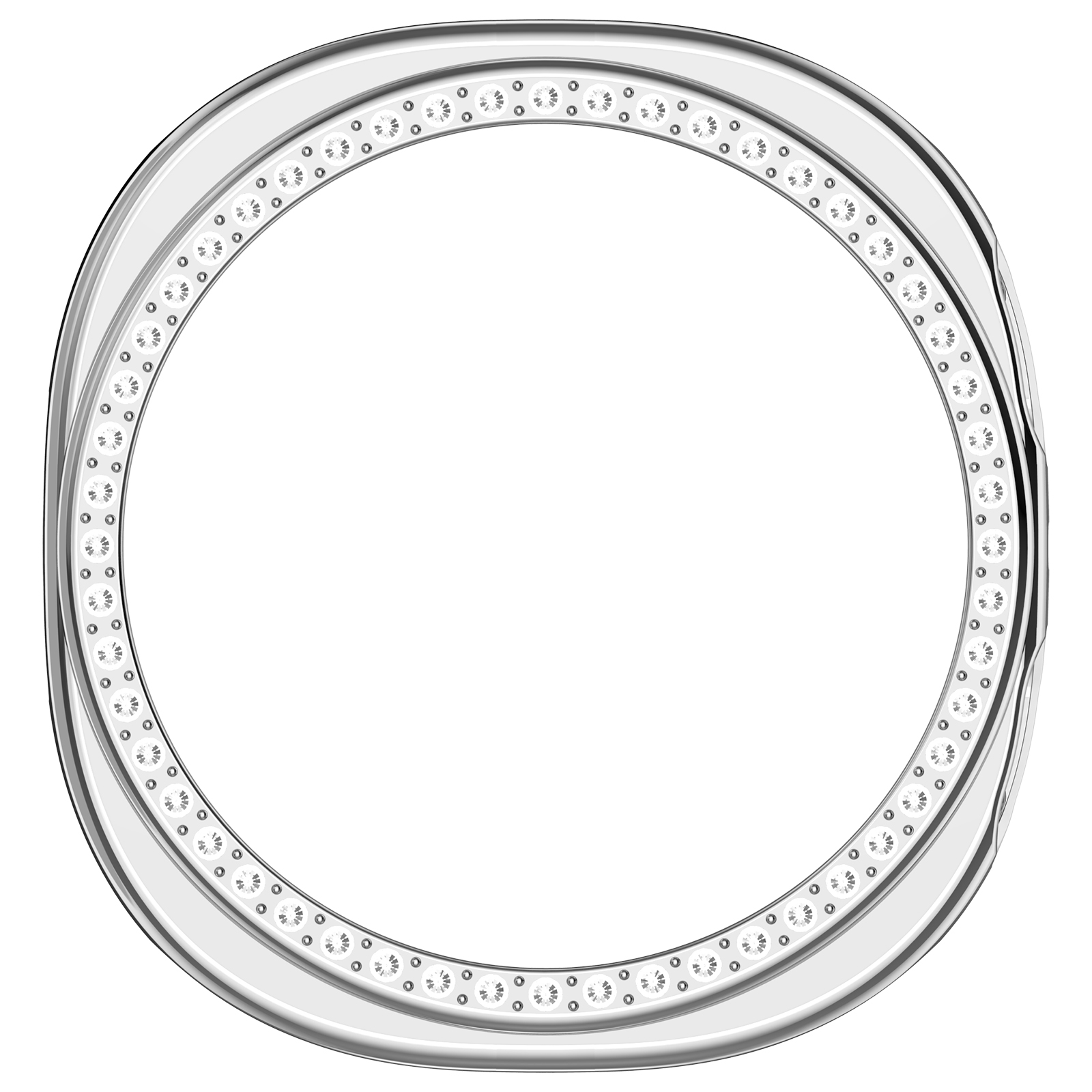 Una cassa per orologio argentata. È circolare con una fila di piccoli fori attorno al bordo. Il centro è aperto.