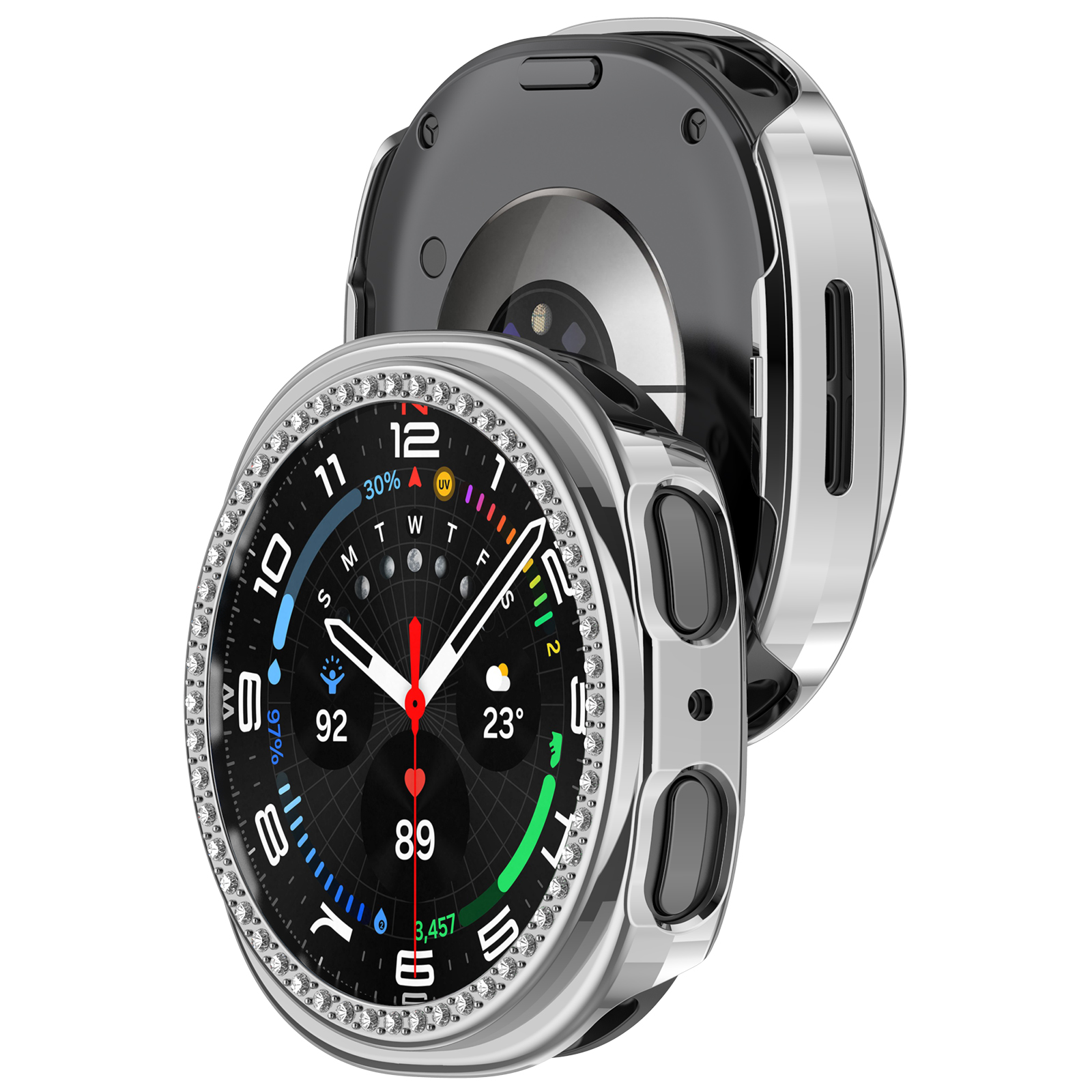 Cassa di smartwatch con abbellimenti a forma di diamante su sfondo bianco.