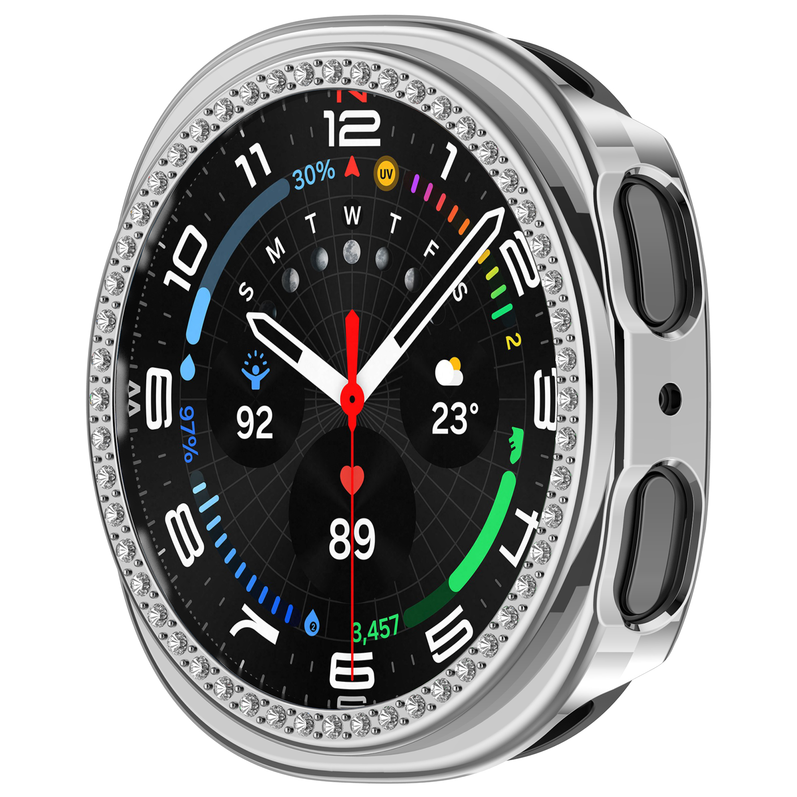 Cassa di smartwatch con abbellimenti a forma di diamante su sfondo bianco.