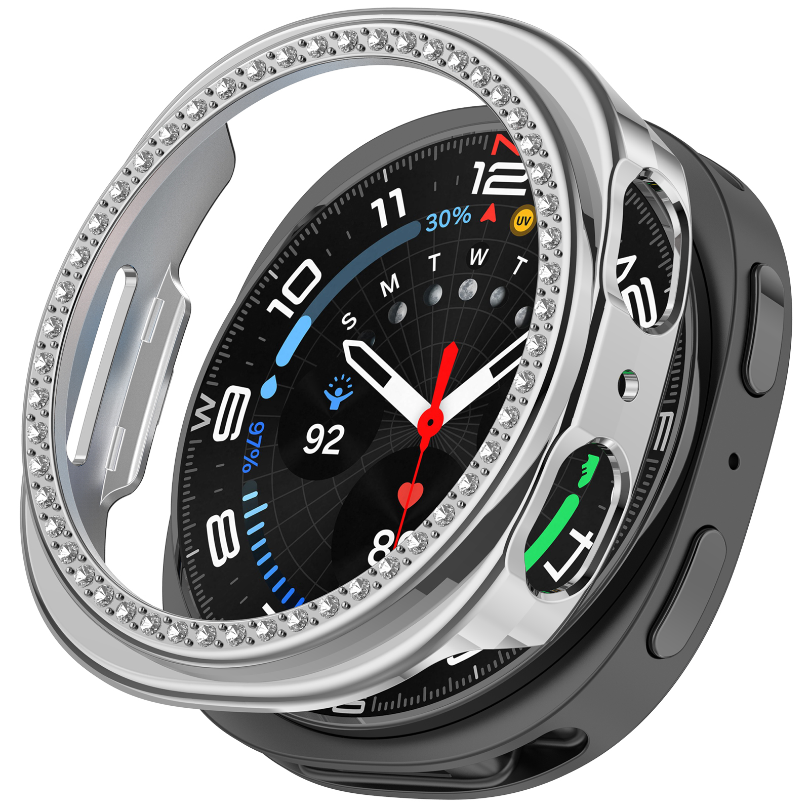 Cassa di smartwatch con abbellimenti a forma di diamante, su sfondo bianco.