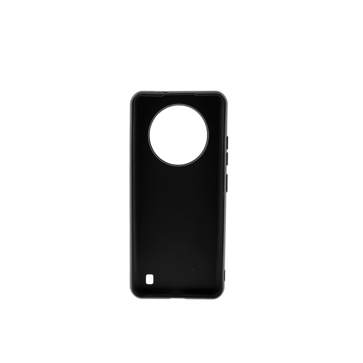 Eine schwarze Handyhülle mit einem Ausschnitt für die Kamera, von oben betrachtet.