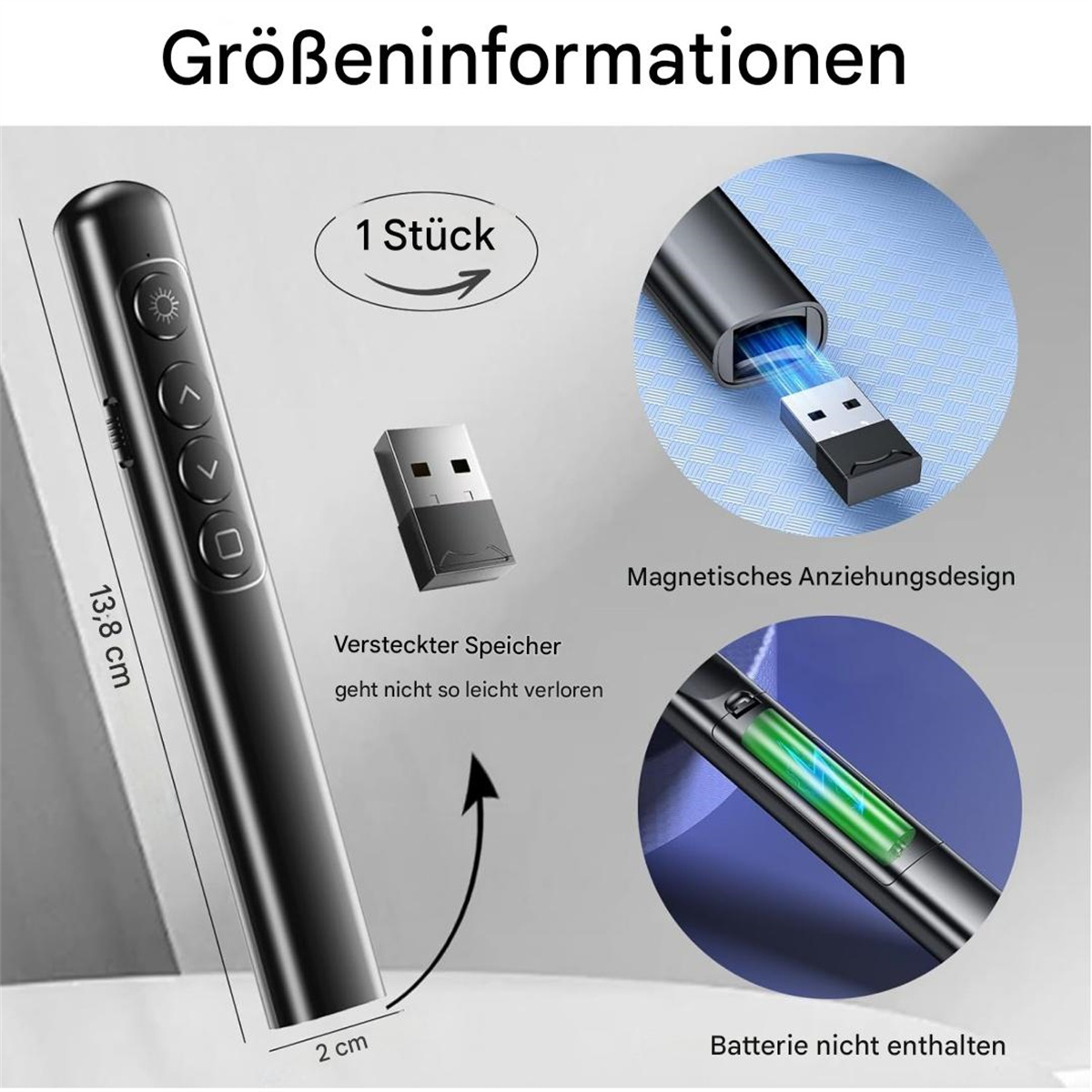 Schwarzer Präsentationsstift mit Messungen, USB-Empfänger und Batterieanzeige.