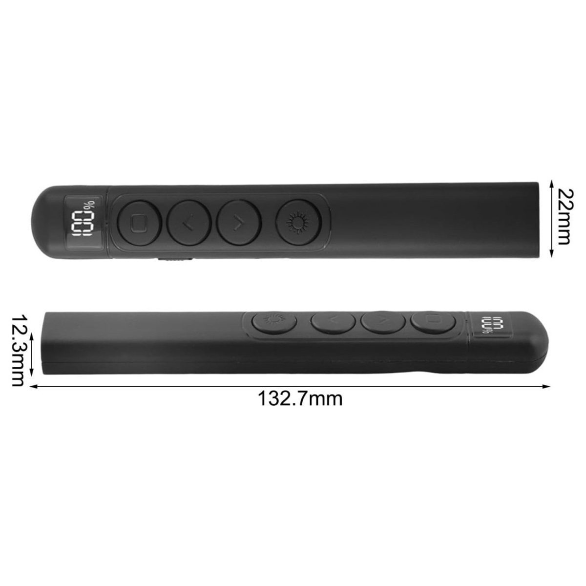 Schwarzer Präsentationsstift mit Knöpfen und Display, mit Längen- und Breitenmessungen.
