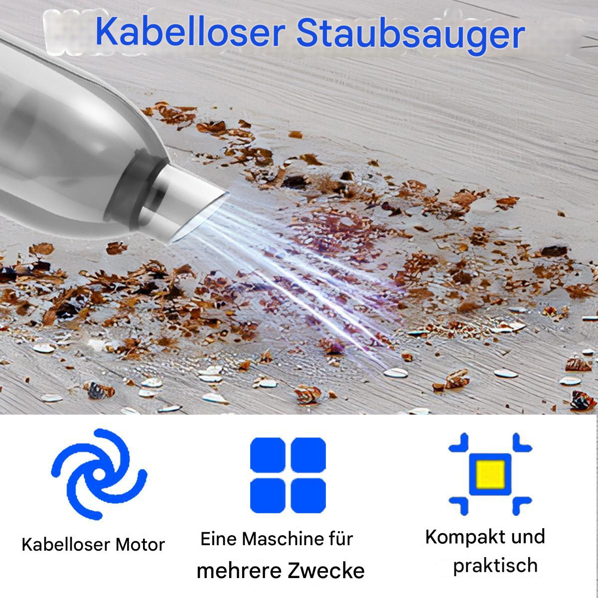 Handstaubsauger reinigt Holzoberfläche. Symbole für Motor, Mehrzweck und kompaktes Design werden gezeigt.